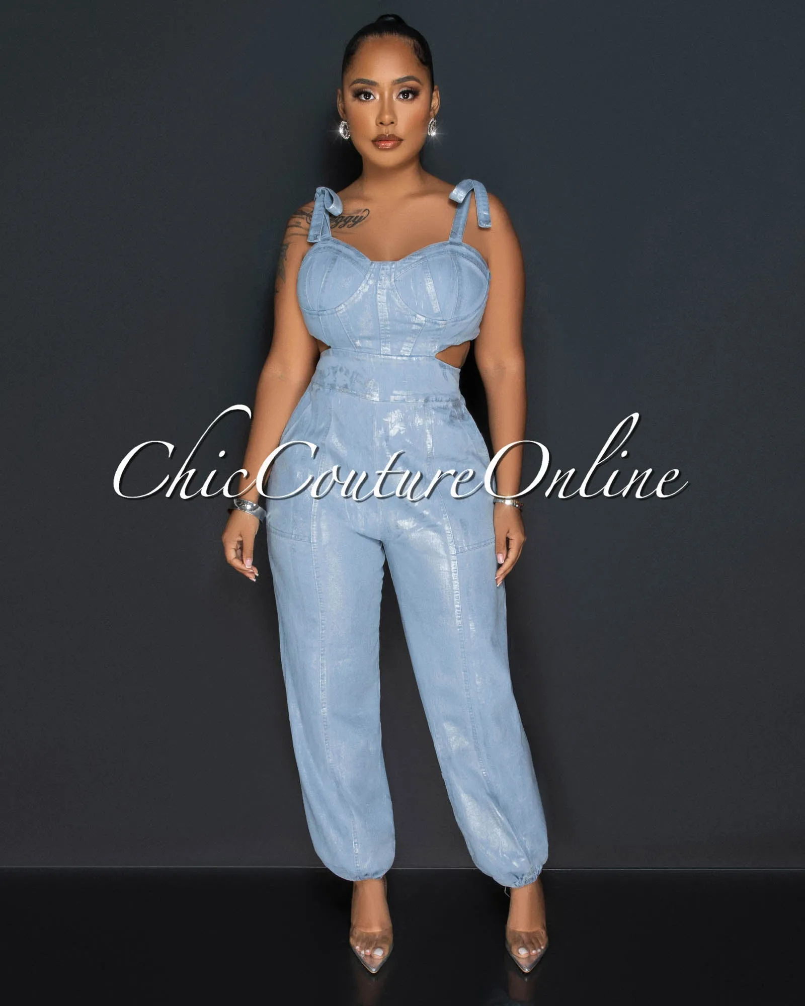 *Lazza Light Denim Silver Foil Back Cut-Out Jumpsuit sold by Chic Couture product image thumbnail 2