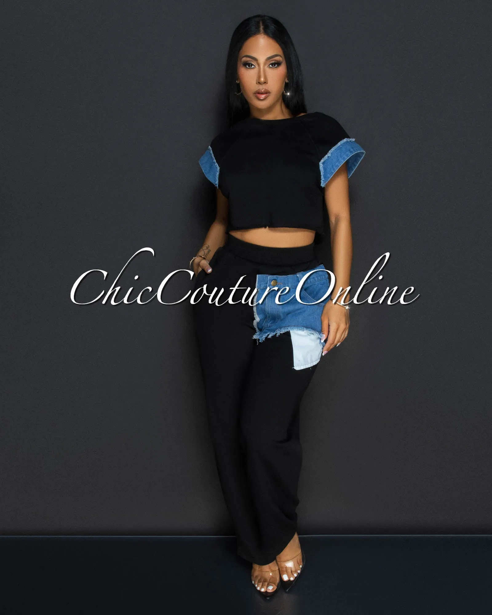 Adyson Black Denim Crop Top & Wide Legs Pants Set sold by Chic Couture product image thumbnail 3