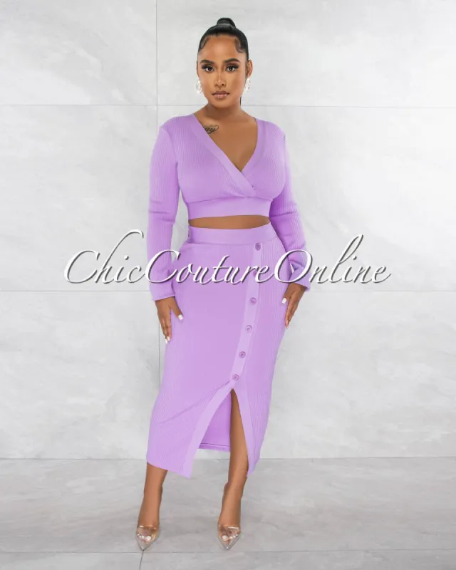 *Jalina Lavender Crop Top & Side Buttons Midi Skirt Bandage Set sold by Chic Couture