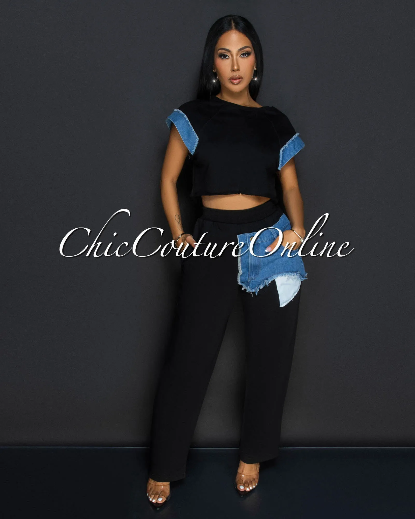 Adyson Black Denim Crop Top & Wide Legs Pants Set sold by Chic Couture product image thumbnail 2