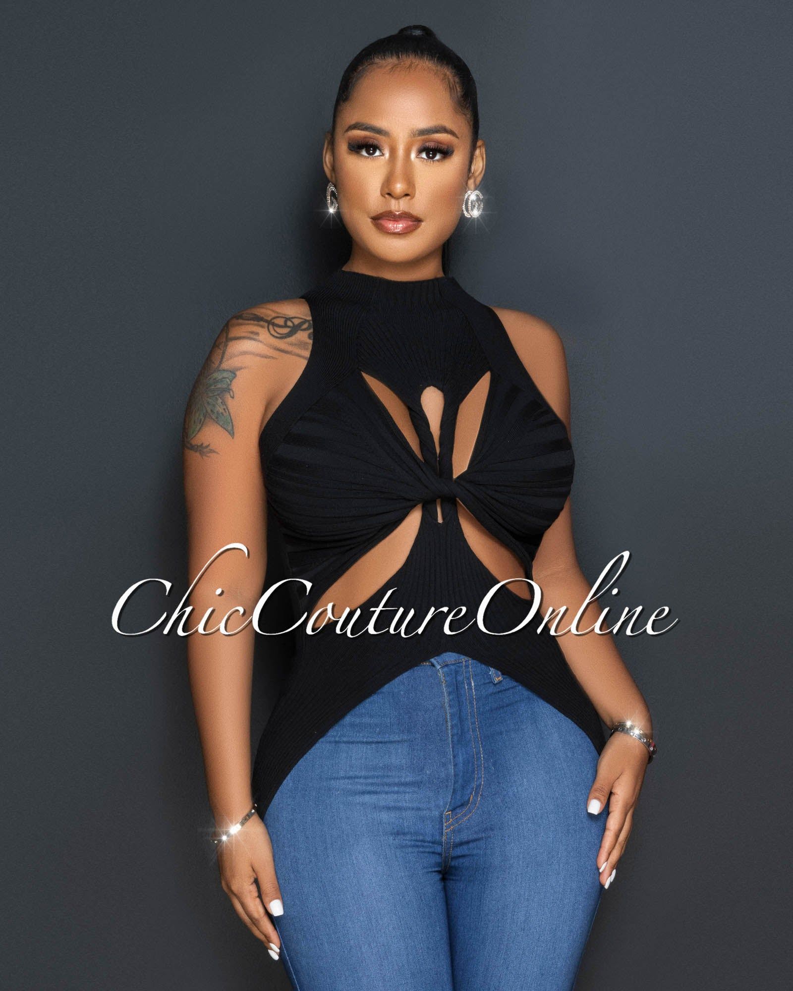 Tawana Black Front Cut-Out Ribbed Top sold by Chic Couture