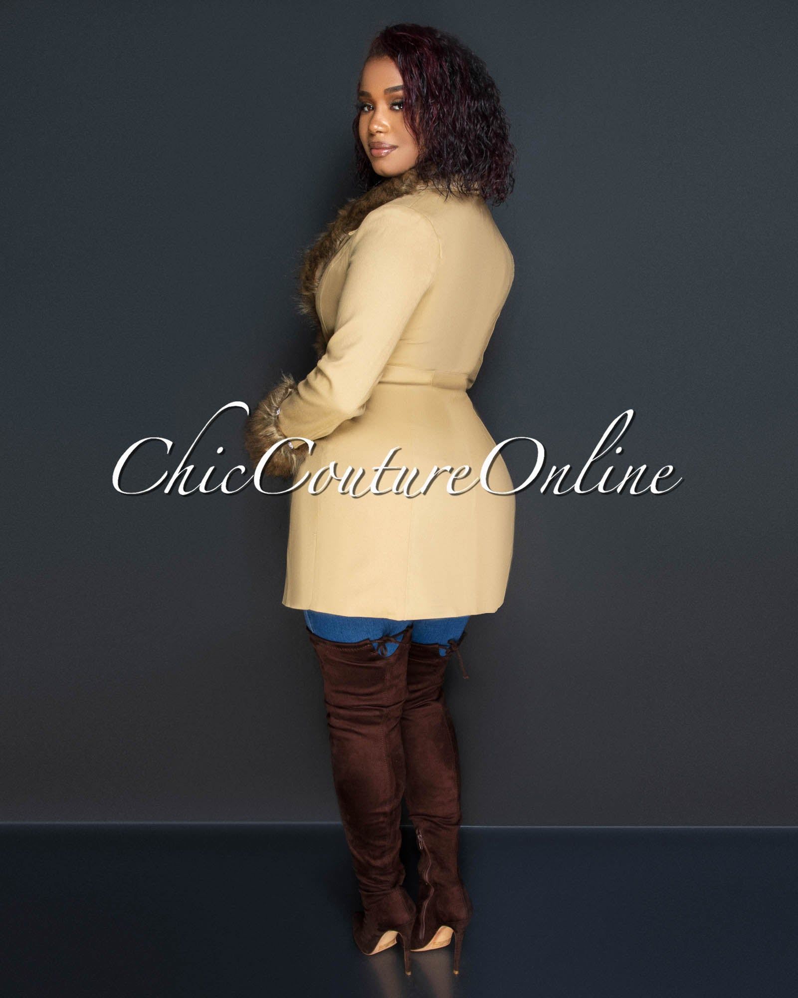 Alexia Nude Brown Gold Buttons Faux Fur Coat sold by Chic Couture product image thumbnail 3