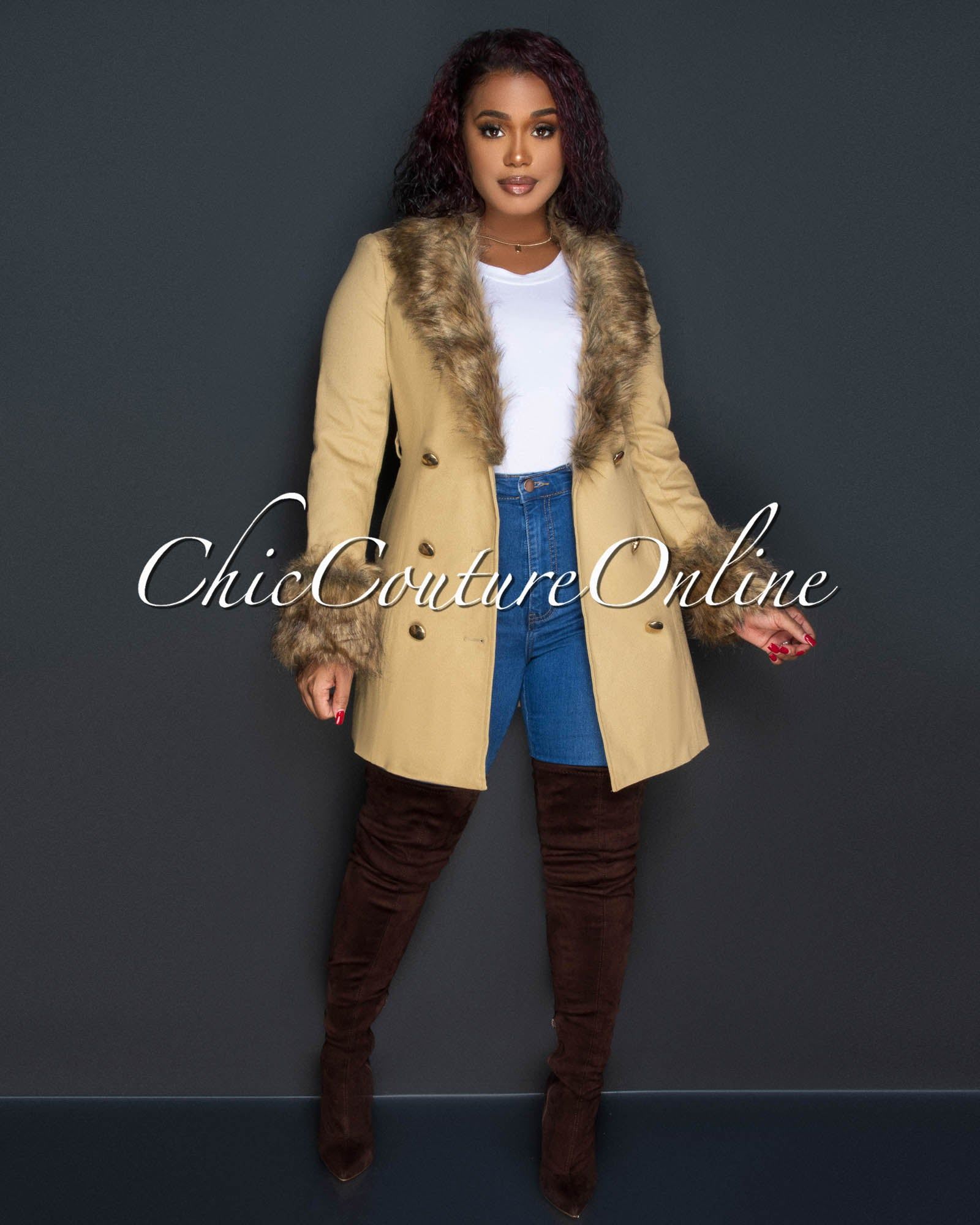Alexia Nude Brown Gold Buttons Faux Fur Coat sold by Chic Couture product image thumbnail 2
