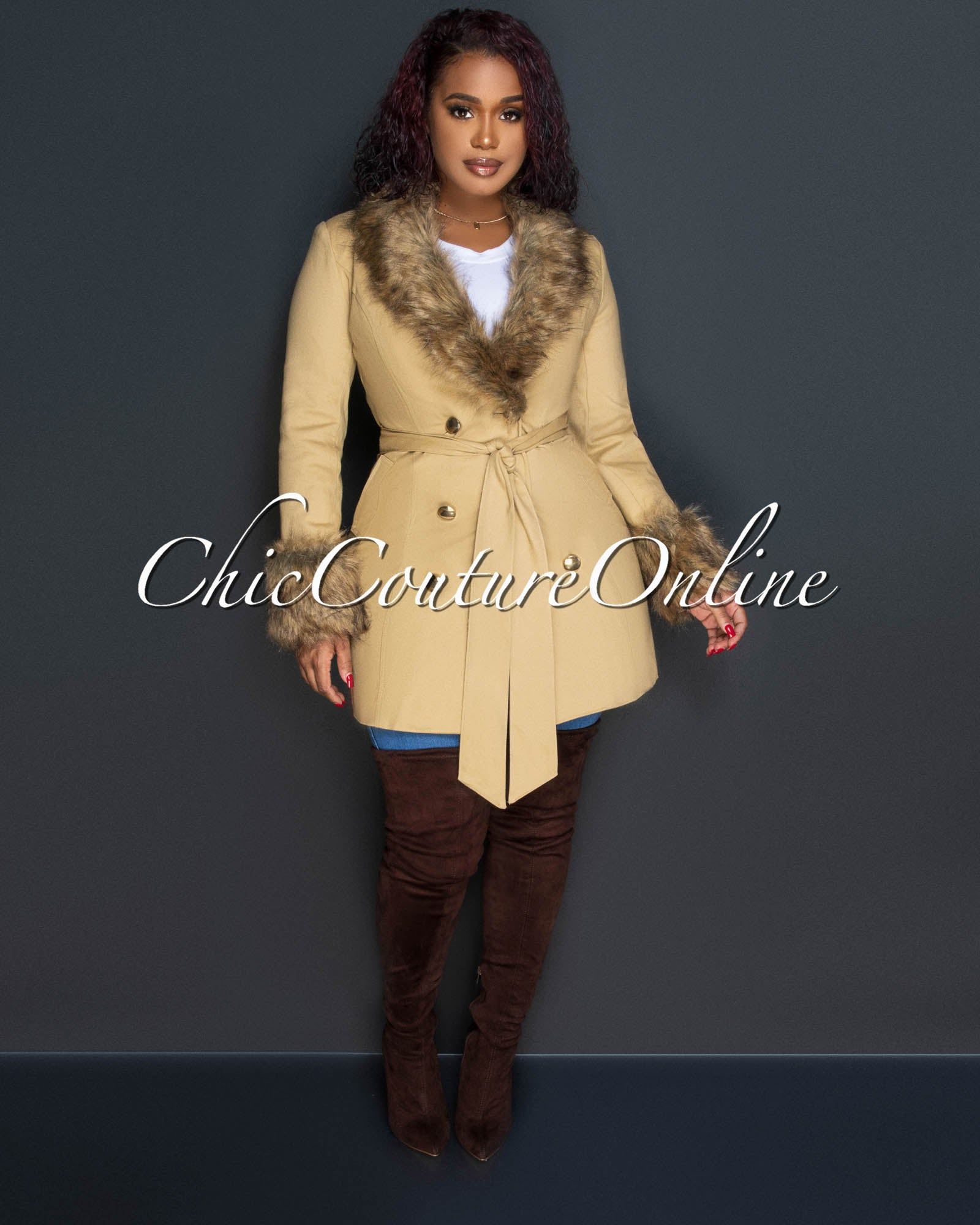 Alexia Nude Brown Gold Buttons Faux Fur Coat sold by Chic Couture