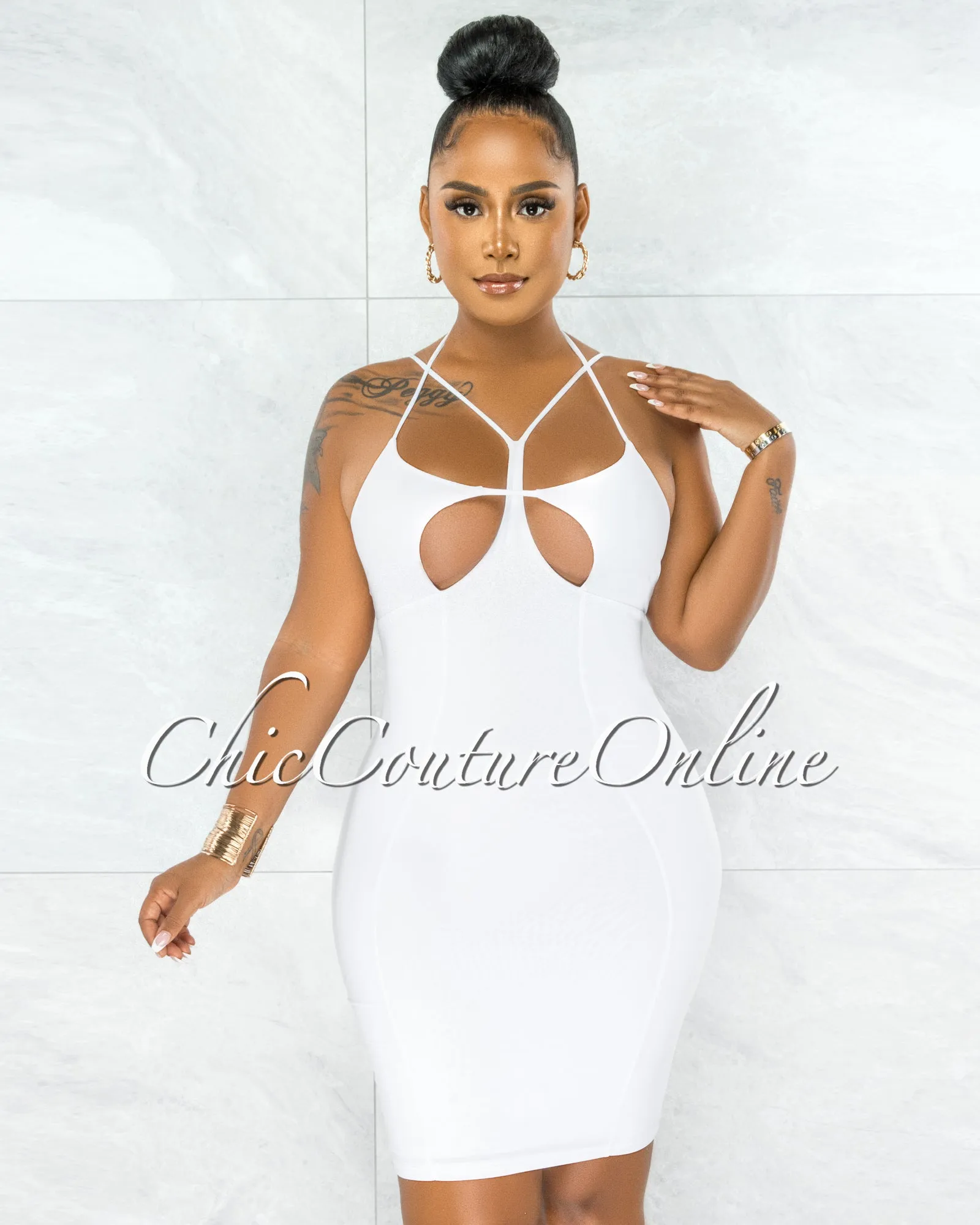 *Harris Off-White Bust Cut-Out Strappy Mini Dress sold by Chic Couture