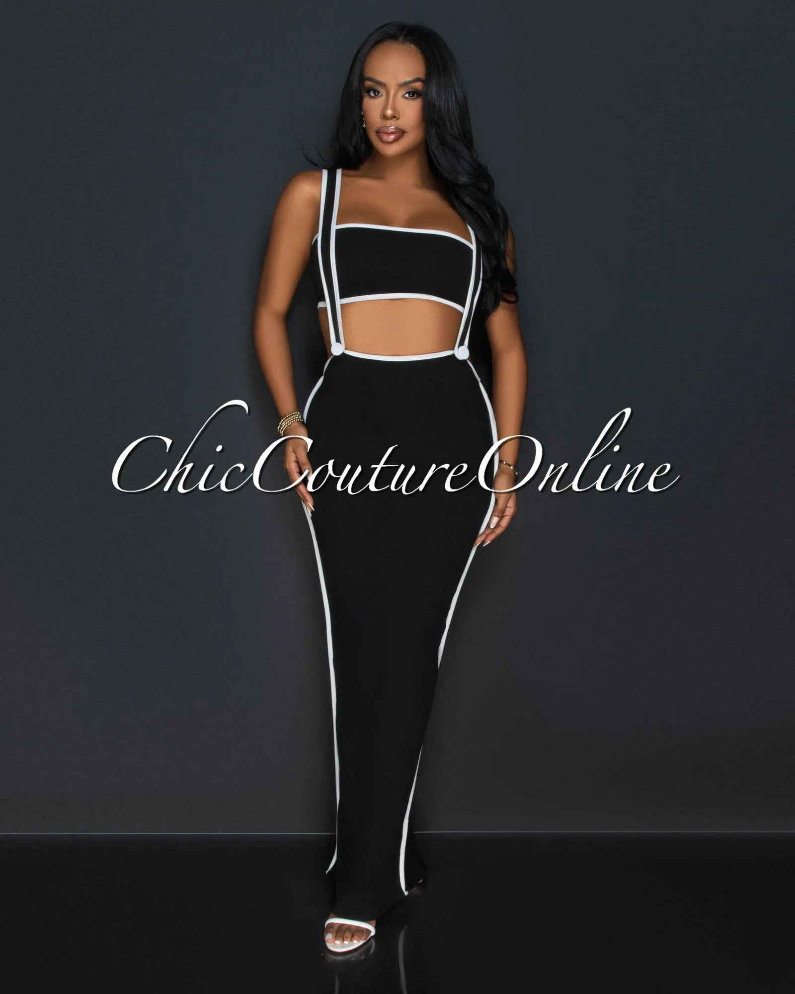 Ola Black White Tube Crop Top & Overall Skirt Set sold by Chic Couture product image thumbnail 2