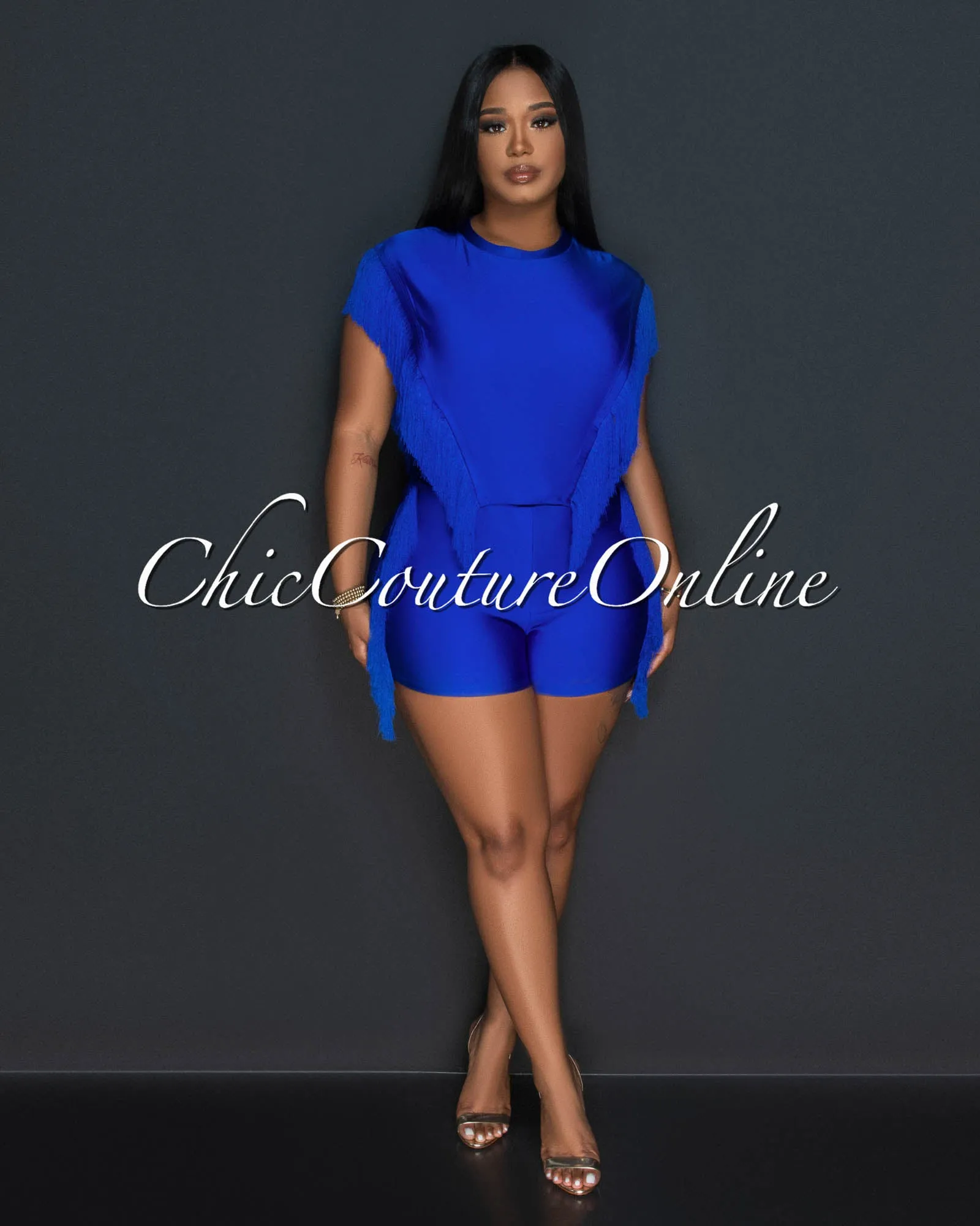 Arturo Blue Fringe Open Sides Top & Shorts Set sold by Chic Couture