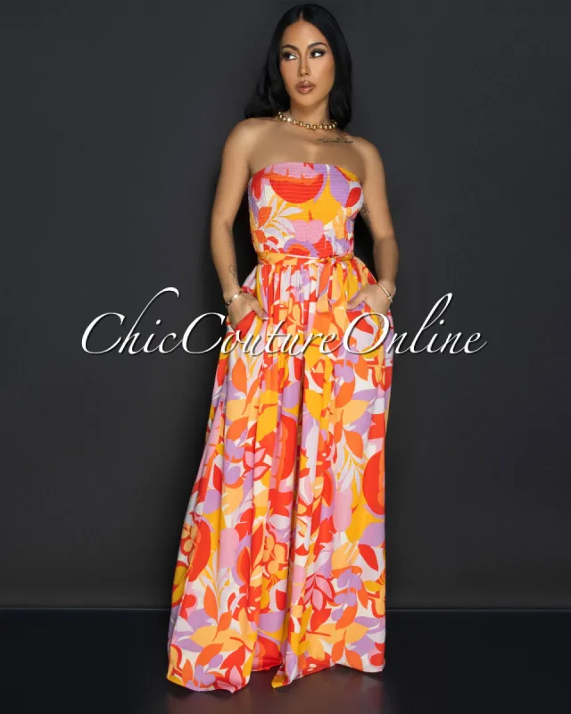 Fayna Tomato Mustard Smocked Top Jumpsuit sold by Chic Couture