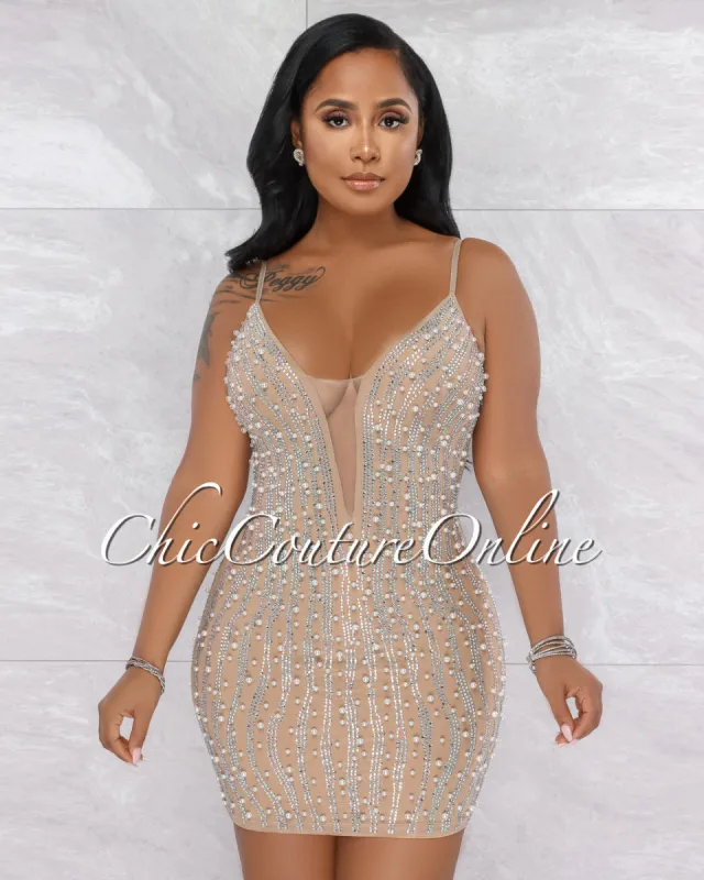 *Jonas Nude Mesh Rhinestones & Pearls Mini Dress sold by Chic Couture