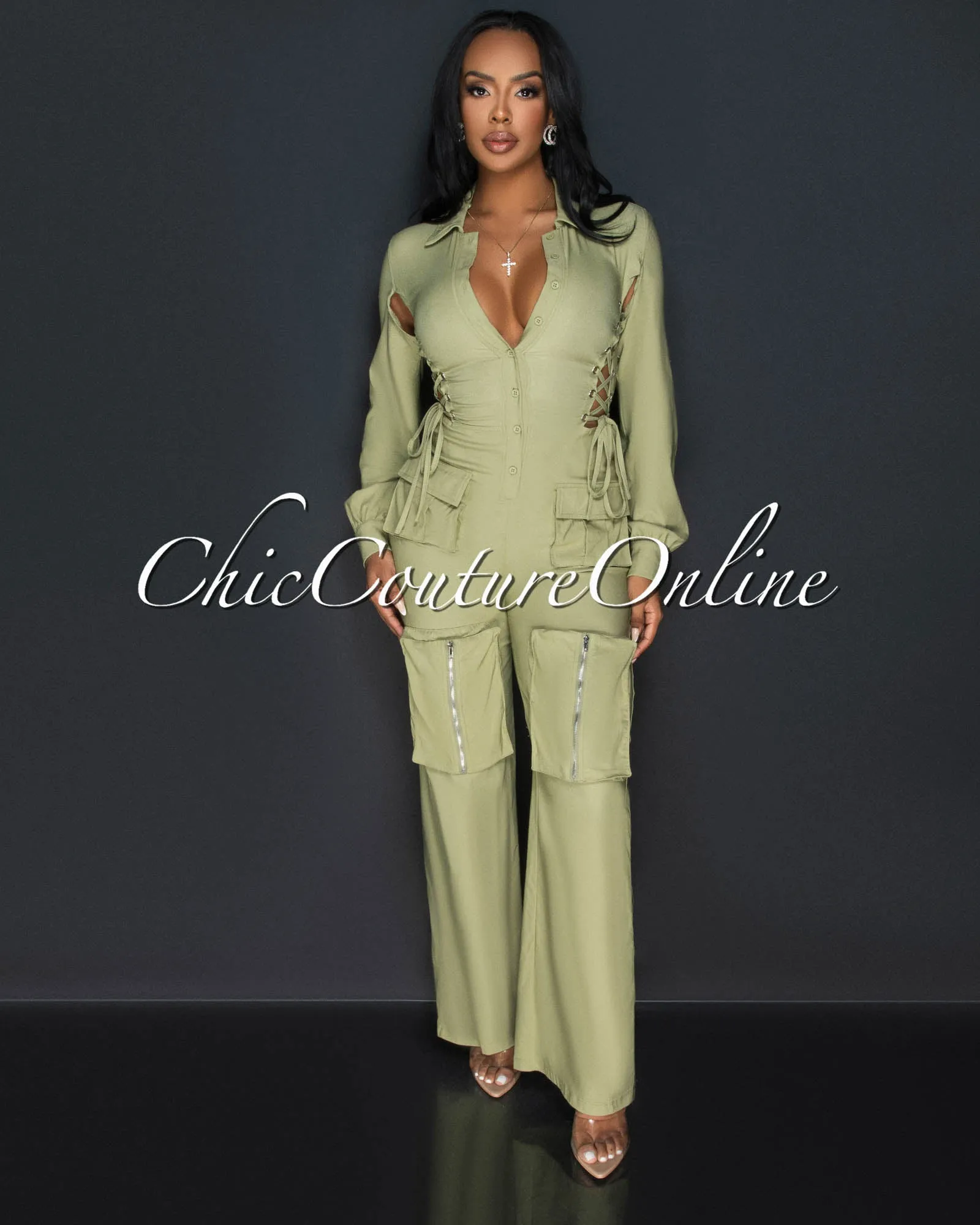 *Milina Olive Green Long Sleeves Cargo Jumpsuit sold by Chic Couture product image thumbnail 2