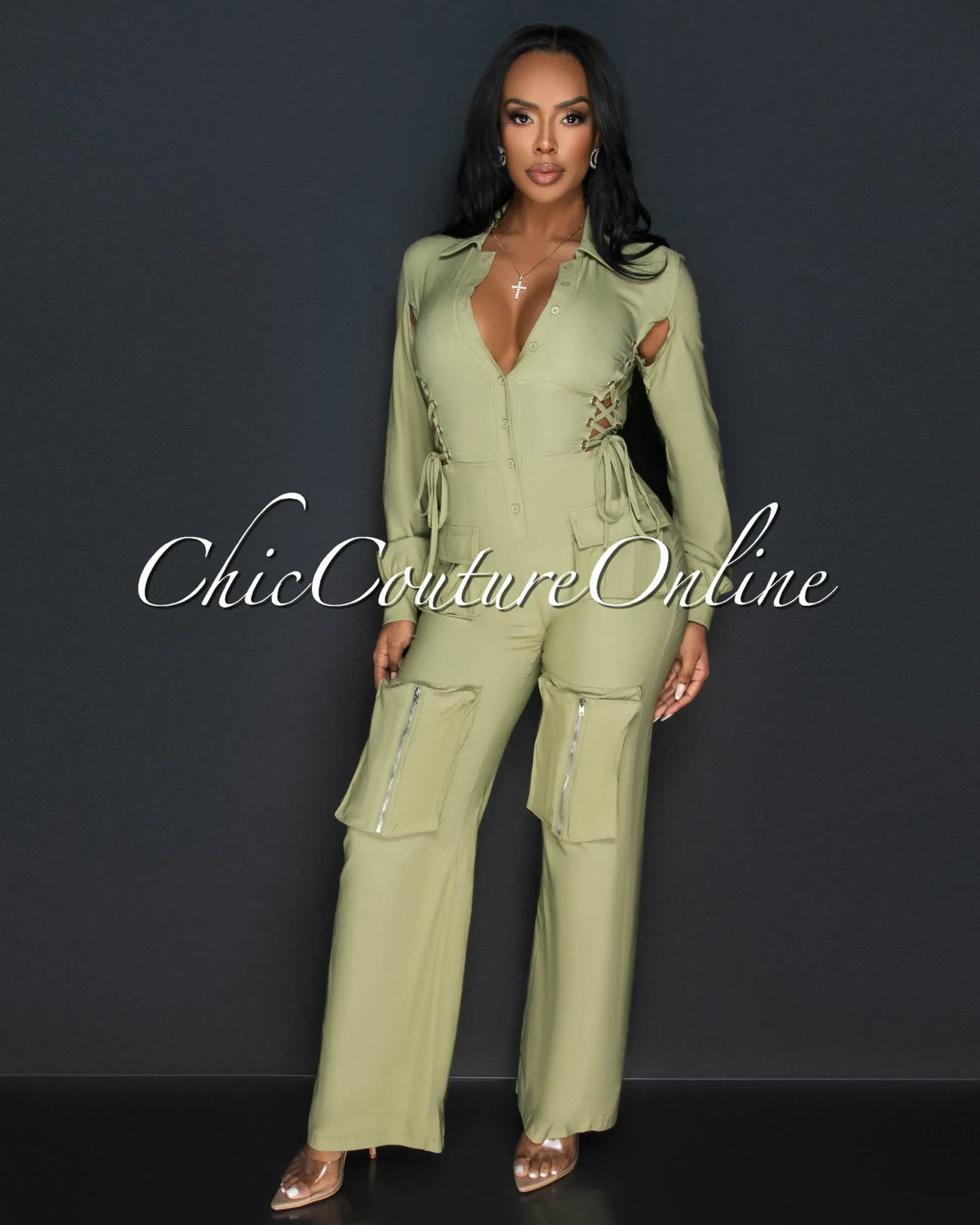 *Milina Olive Green Long Sleeves Cargo Jumpsuit sold by Chic Couture