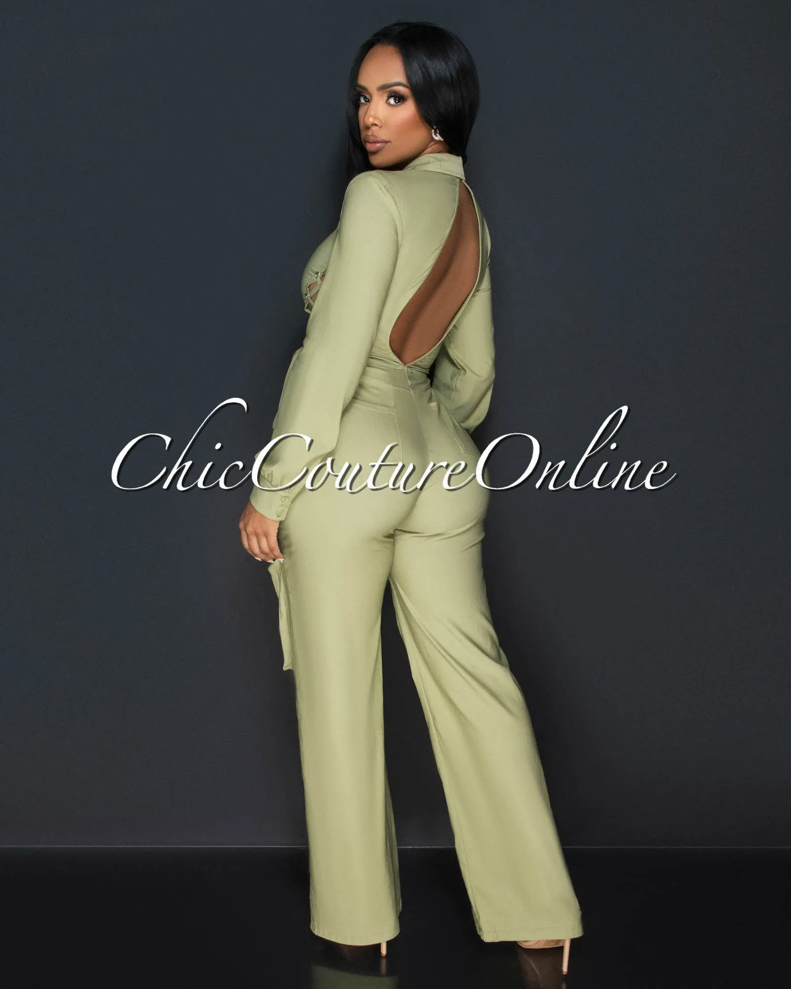 *Milina Olive Green Long Sleeves Cargo Jumpsuit sold by Chic Couture product image thumbnail 3