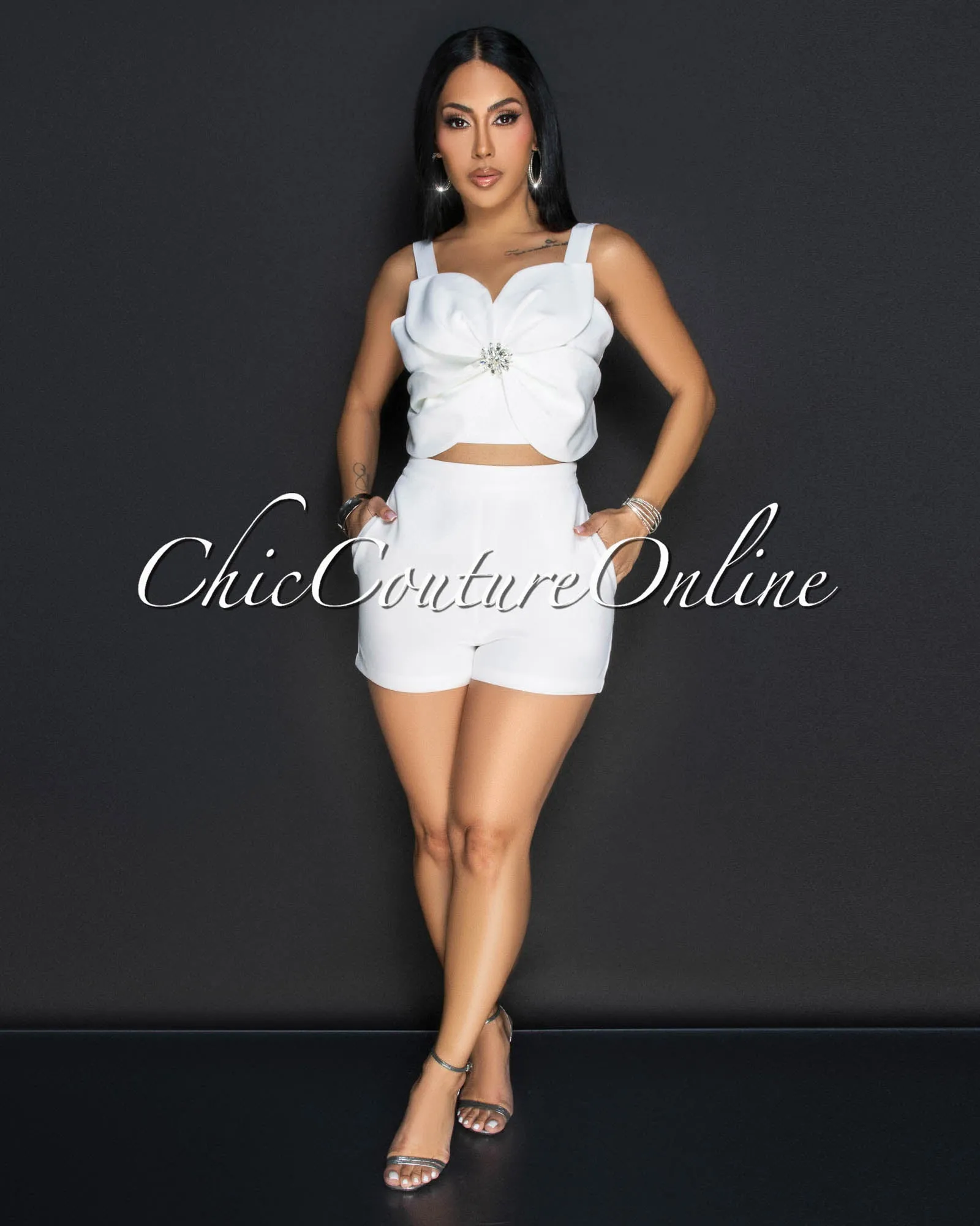Ilona White Rhinestones Flower Crop Top & Shorts Set sold by Chic Couture product image thumbnail 2