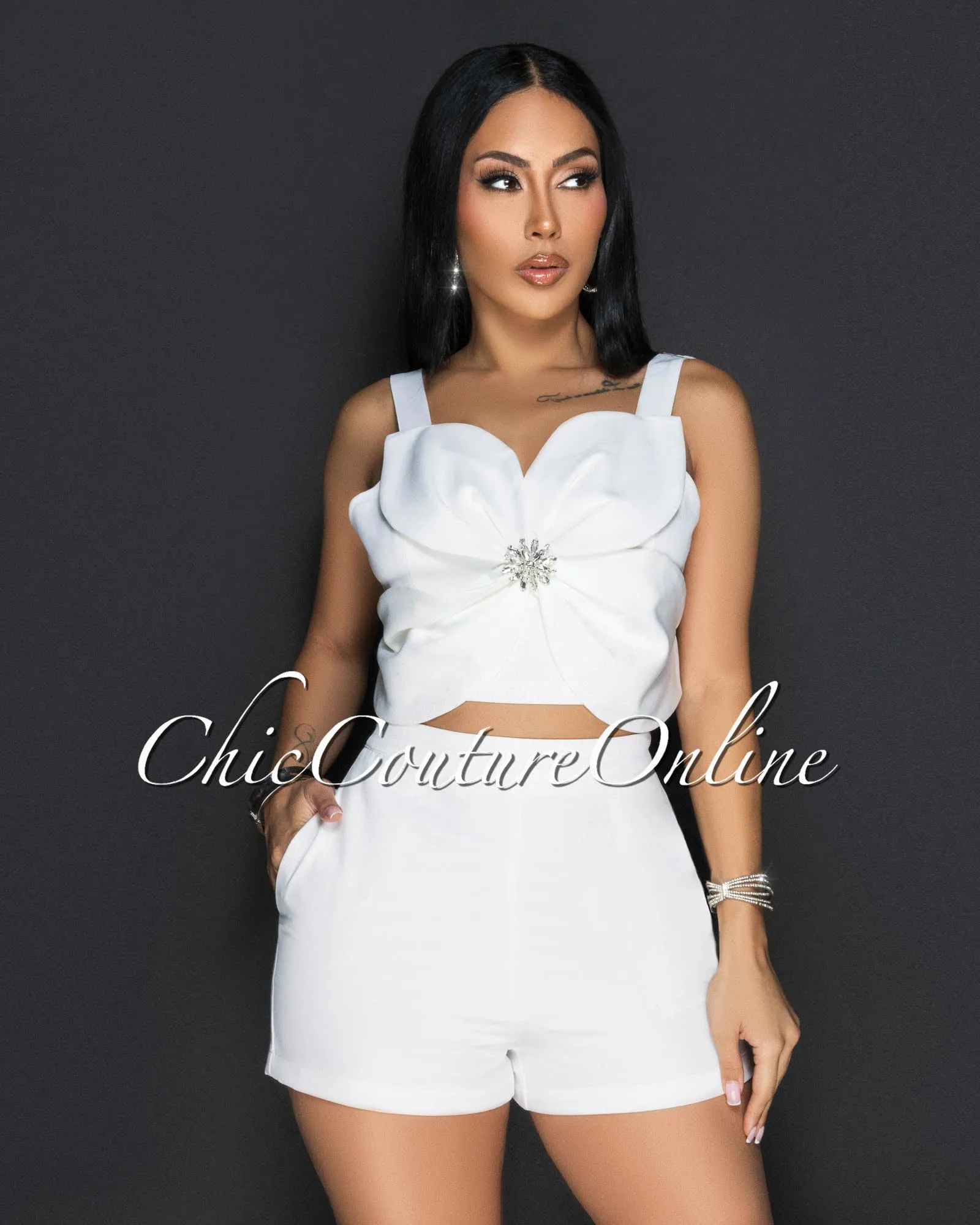 Ilona White Rhinestones Flower Crop Top & Shorts Set sold by Chic Couture product image thumbnail 4