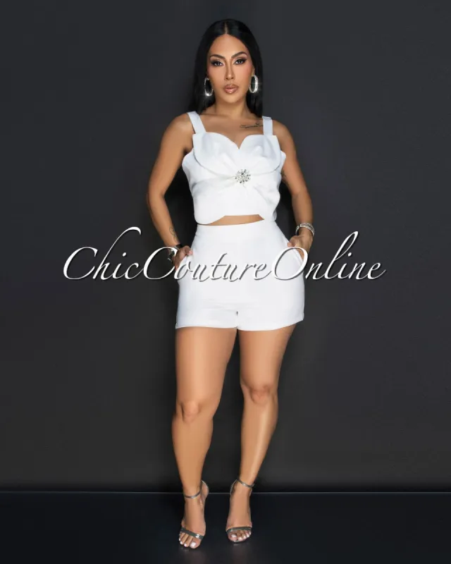 Ilona White Rhinestones Flower Crop Top & Shorts Set sold by Chic Couture