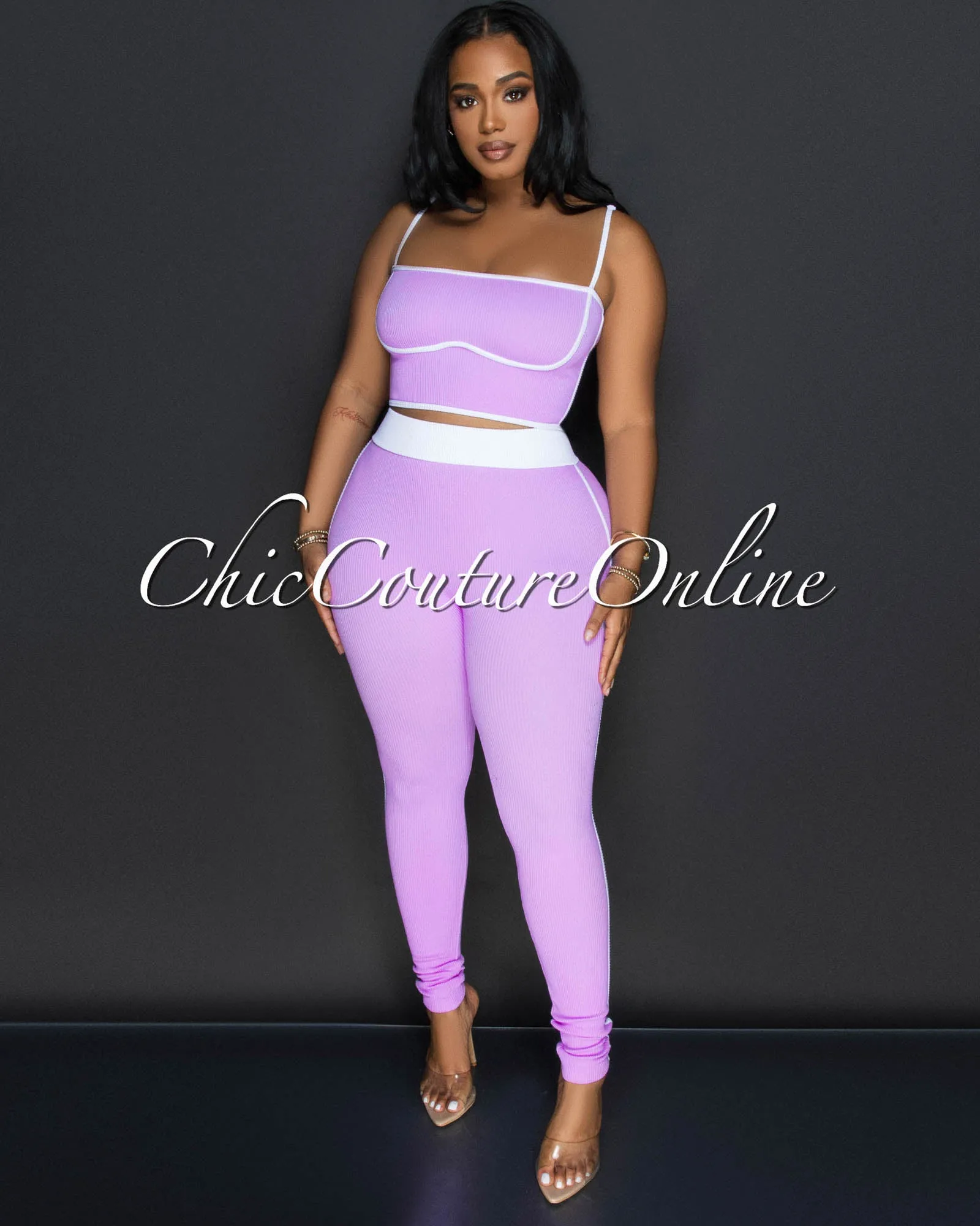 Manika Lilac White Trim Top & Leggings Ribbed Sculpting Set sold by Chic Couture product image thumbnail 2