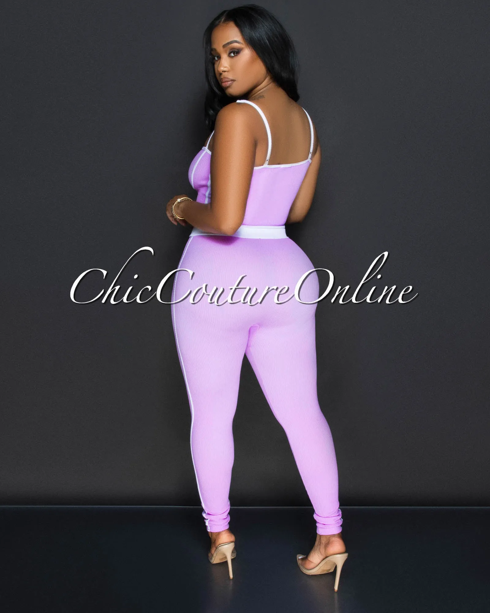 Manika Lilac White Trim Top & Leggings Ribbed Sculpting Set sold by Chic Couture product image thumbnail 3