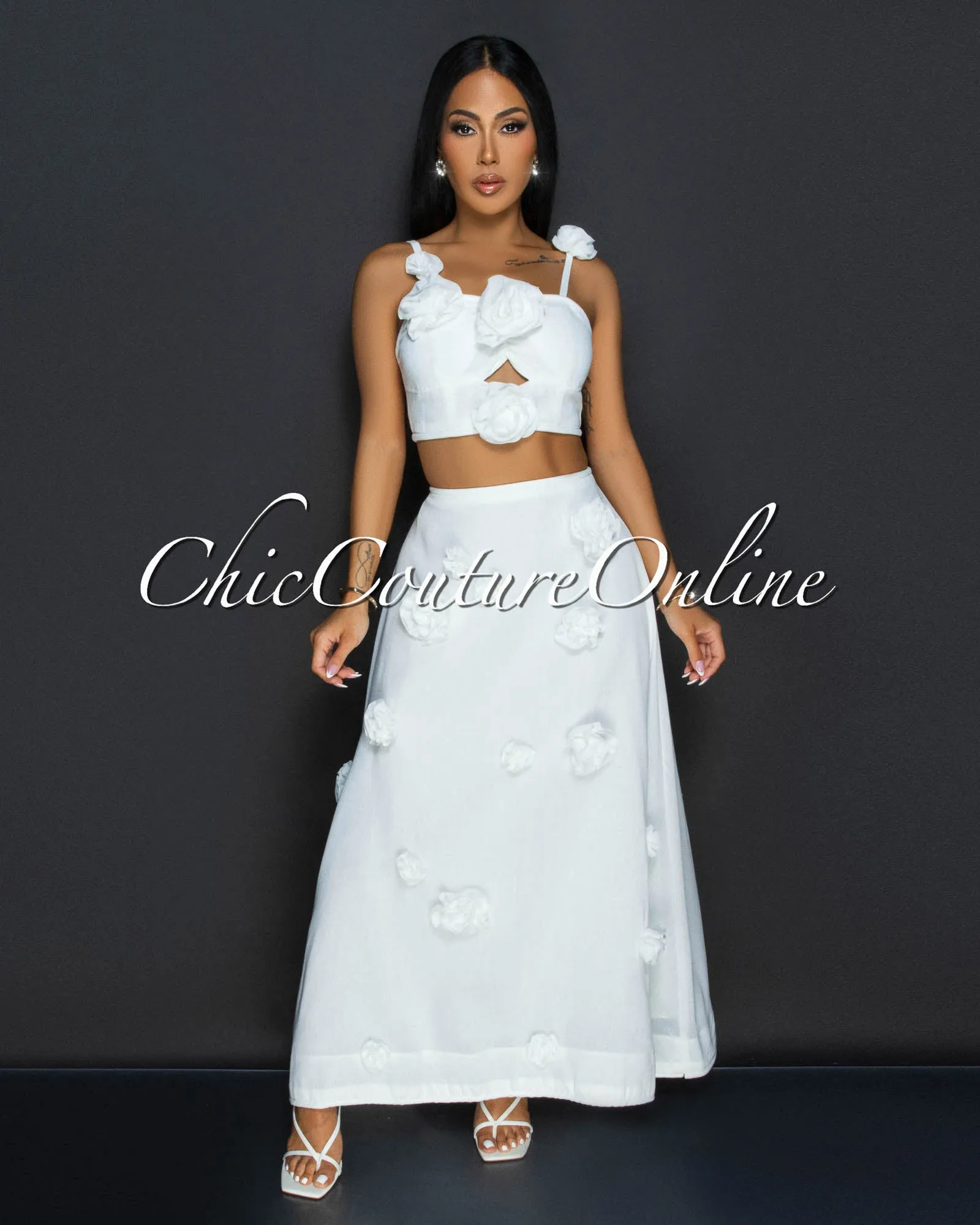 Chiara White Flower Bustier & Maxi Skirt Set sold by Chic Couture