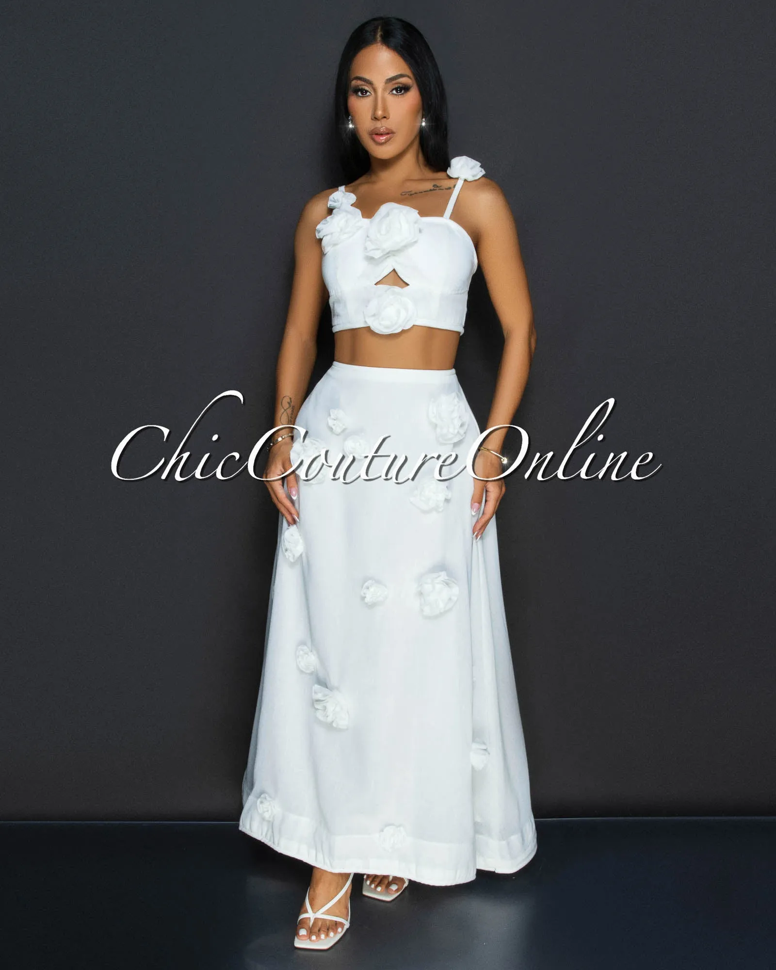 Chiara White Flower Bustier & Maxi Skirt Set sold by Chic Couture product image thumbnail 2