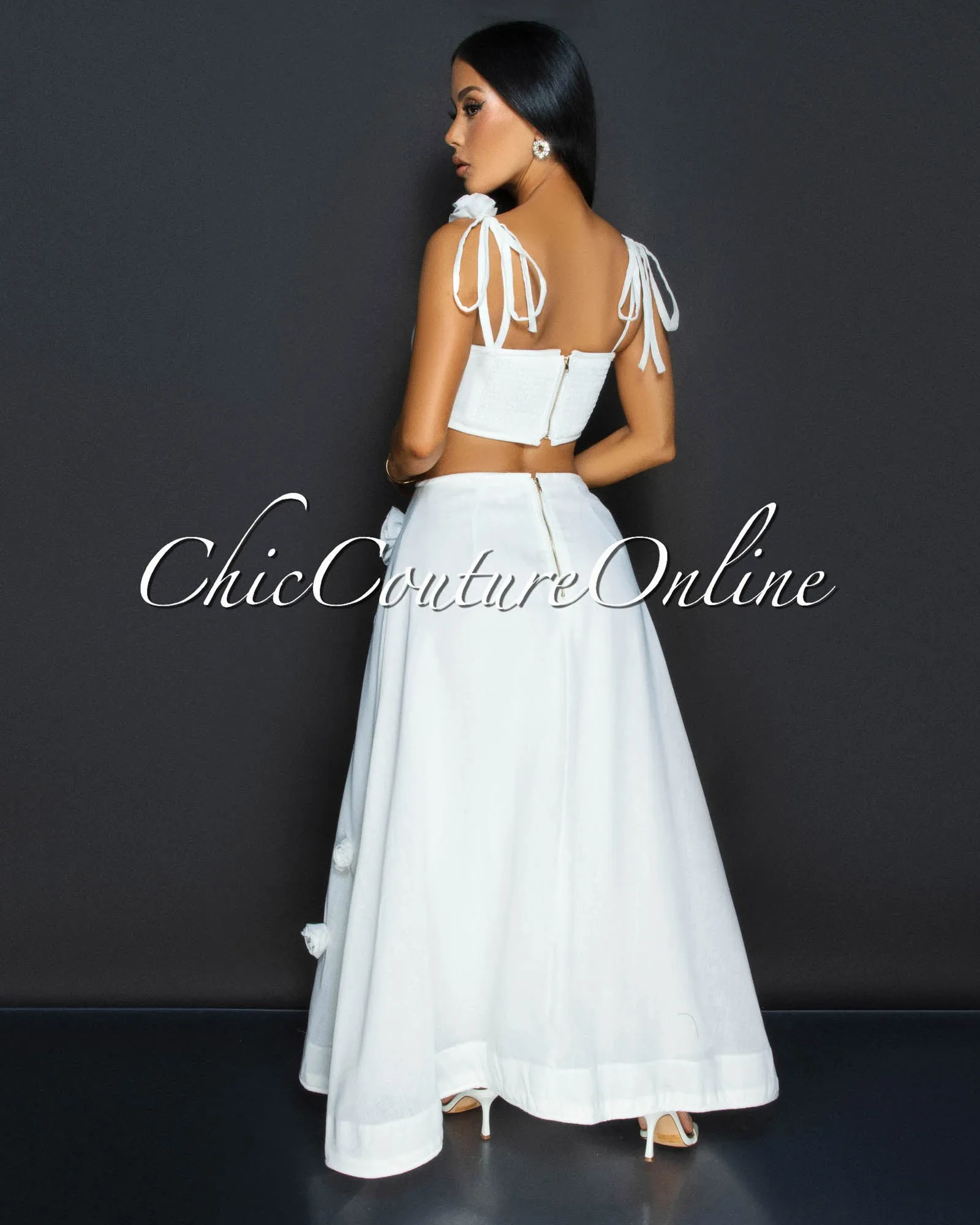 Chiara White Flower Bustier & Maxi Skirt Set sold by Chic Couture product image thumbnail 4