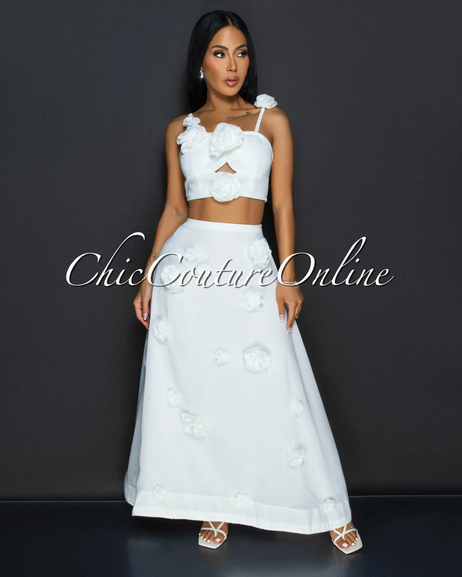 Chiara White Flower Bustier & Maxi Skirt Set sold by Chic Couture product image thumbnail 3