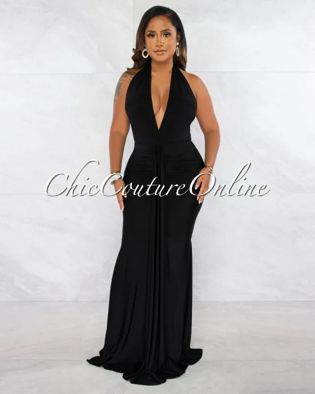 Yarana Black Draped Front Halter Maxi Dress sold by chic