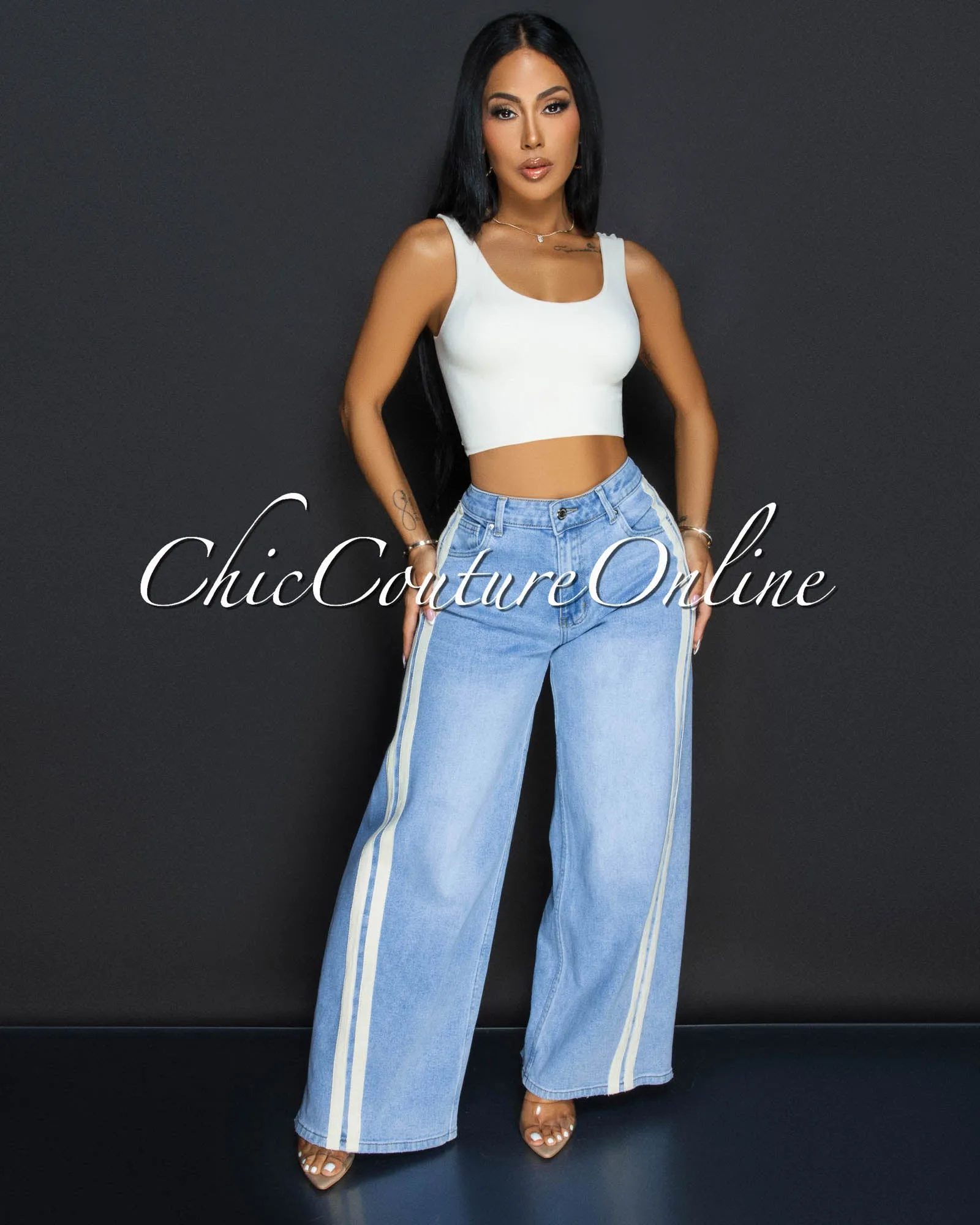 *Haydin Light Denim Beige Stripes Wide Legs Jeans sold by Chic Couture