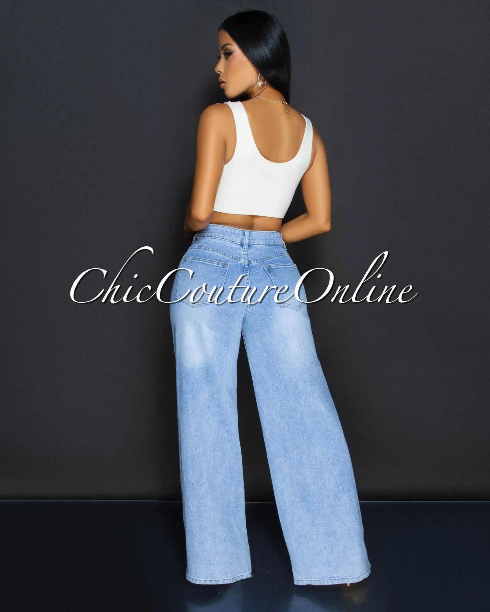 *Haydin Light Denim Beige Stripes Wide Legs Jeans sold by Chic Couture product image thumbnail 4