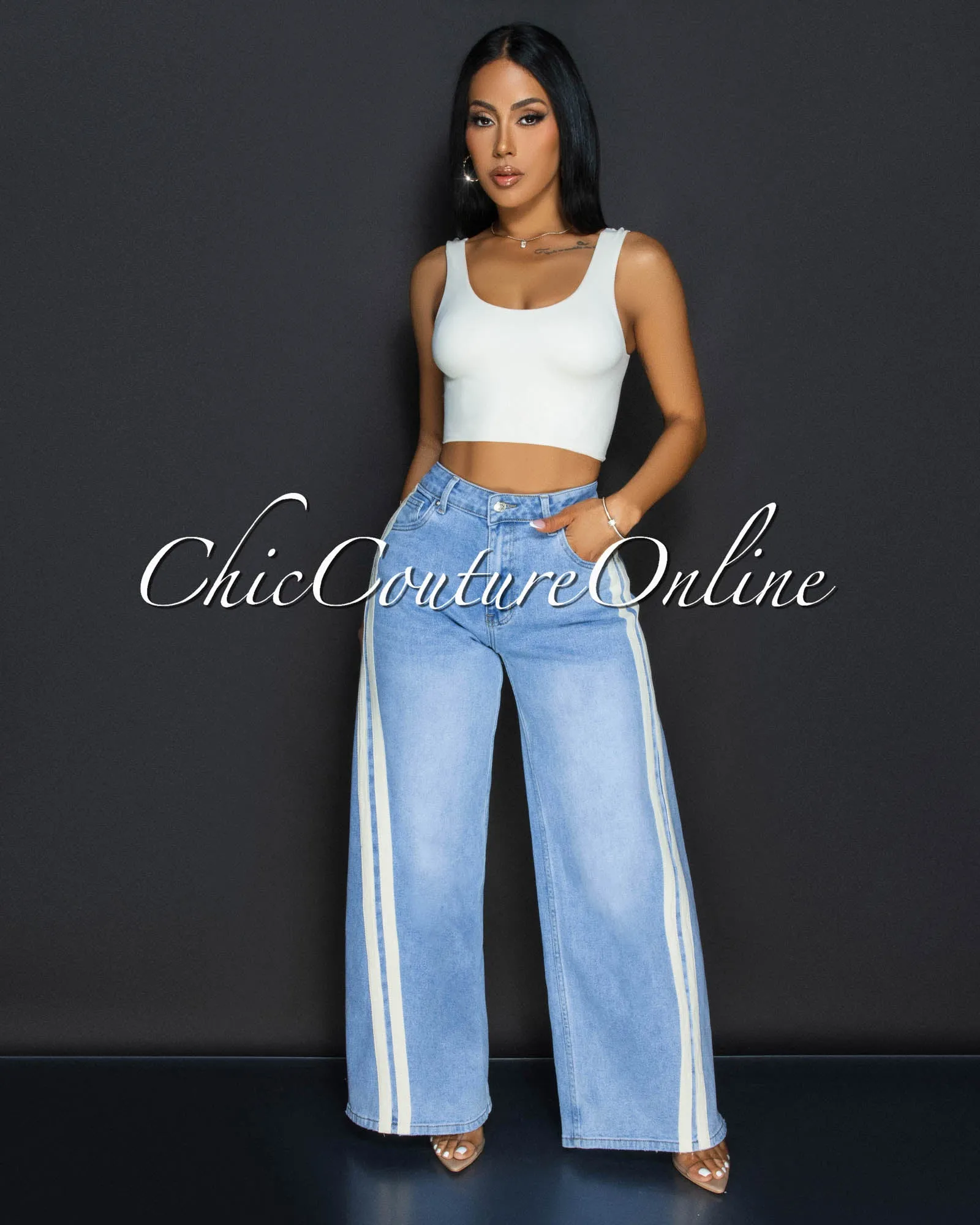 *Haydin Light Denim Beige Stripes Wide Legs Jeans sold by Chic Couture product image thumbnail 2