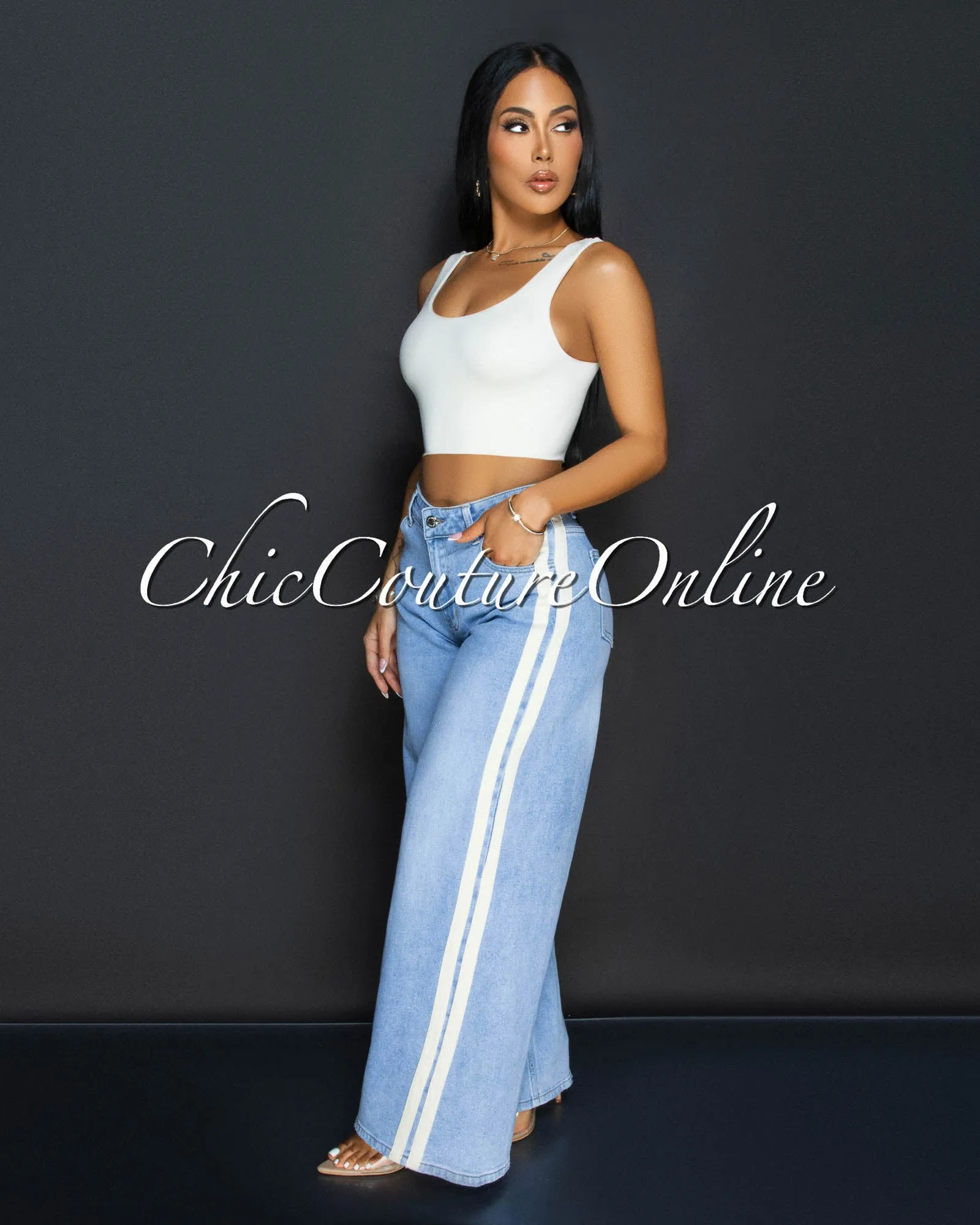 *Haydin Light Denim Beige Stripes Wide Legs Jeans sold by Chic Couture product image thumbnail 3