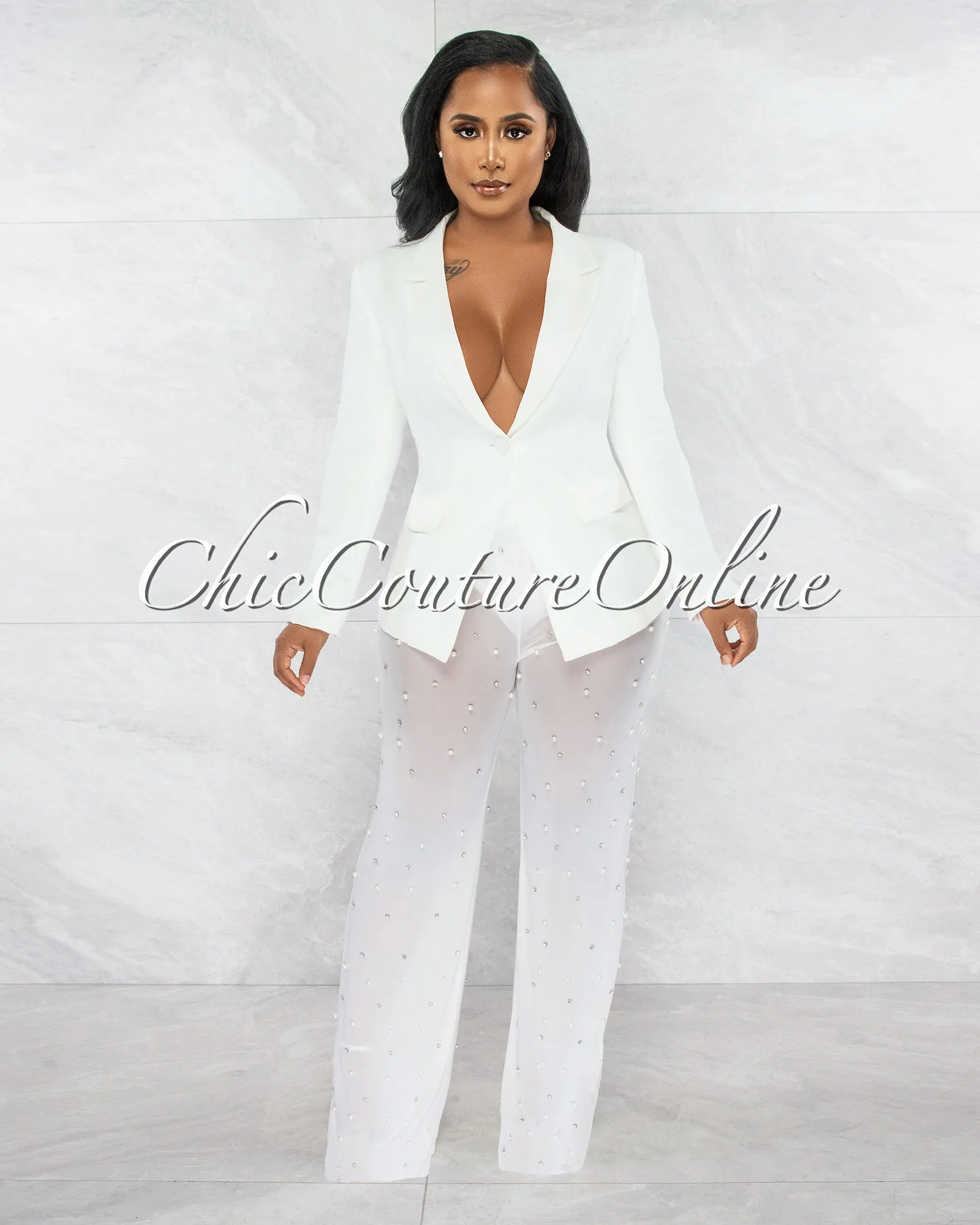 *Alicia Off-White Blazer & Mesh Pearl Pants Set sold by Chic Couture