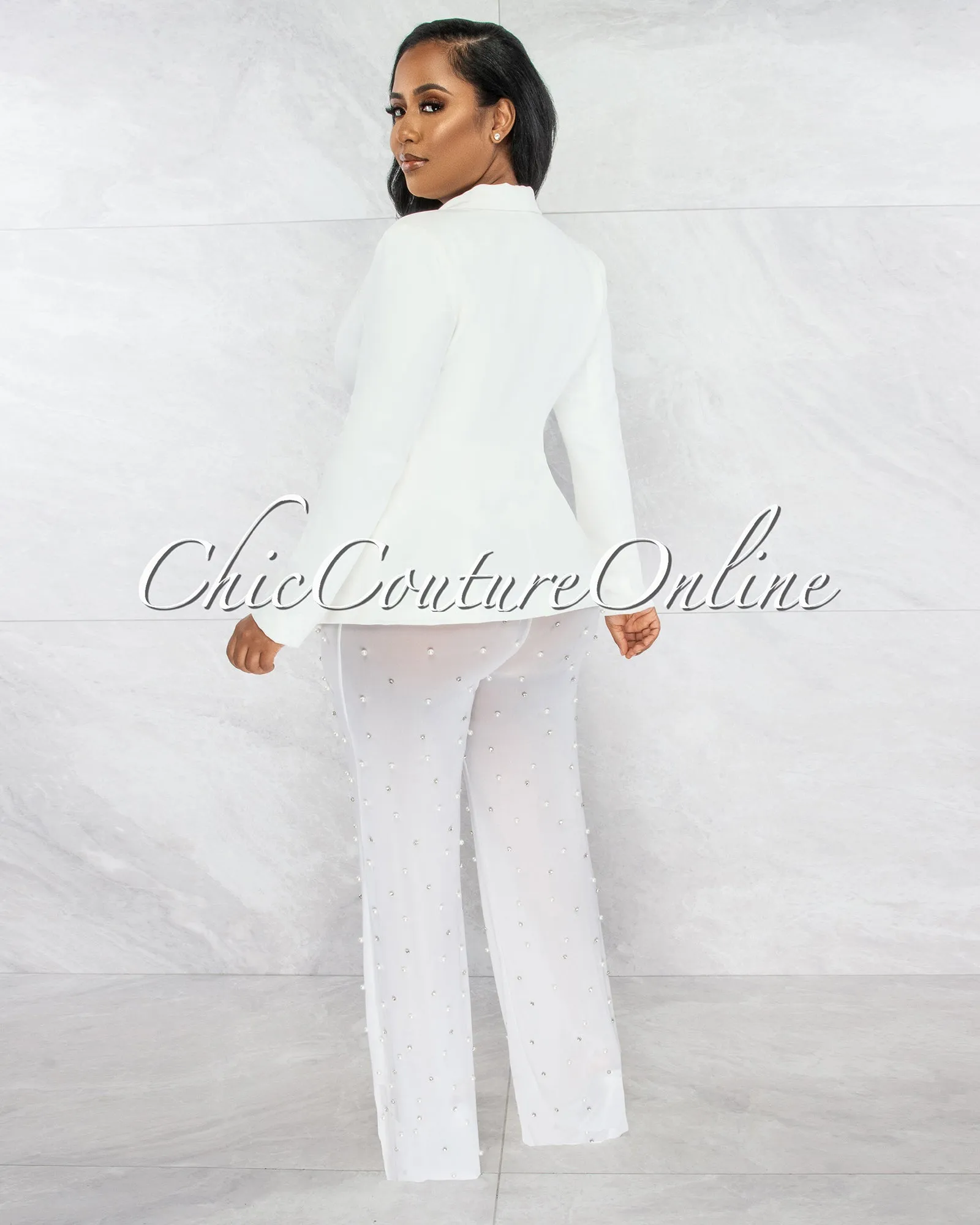 *Alicia Off-White Blazer & Mesh Pearl Pants Set sold by Chic Couture product image thumbnail 3