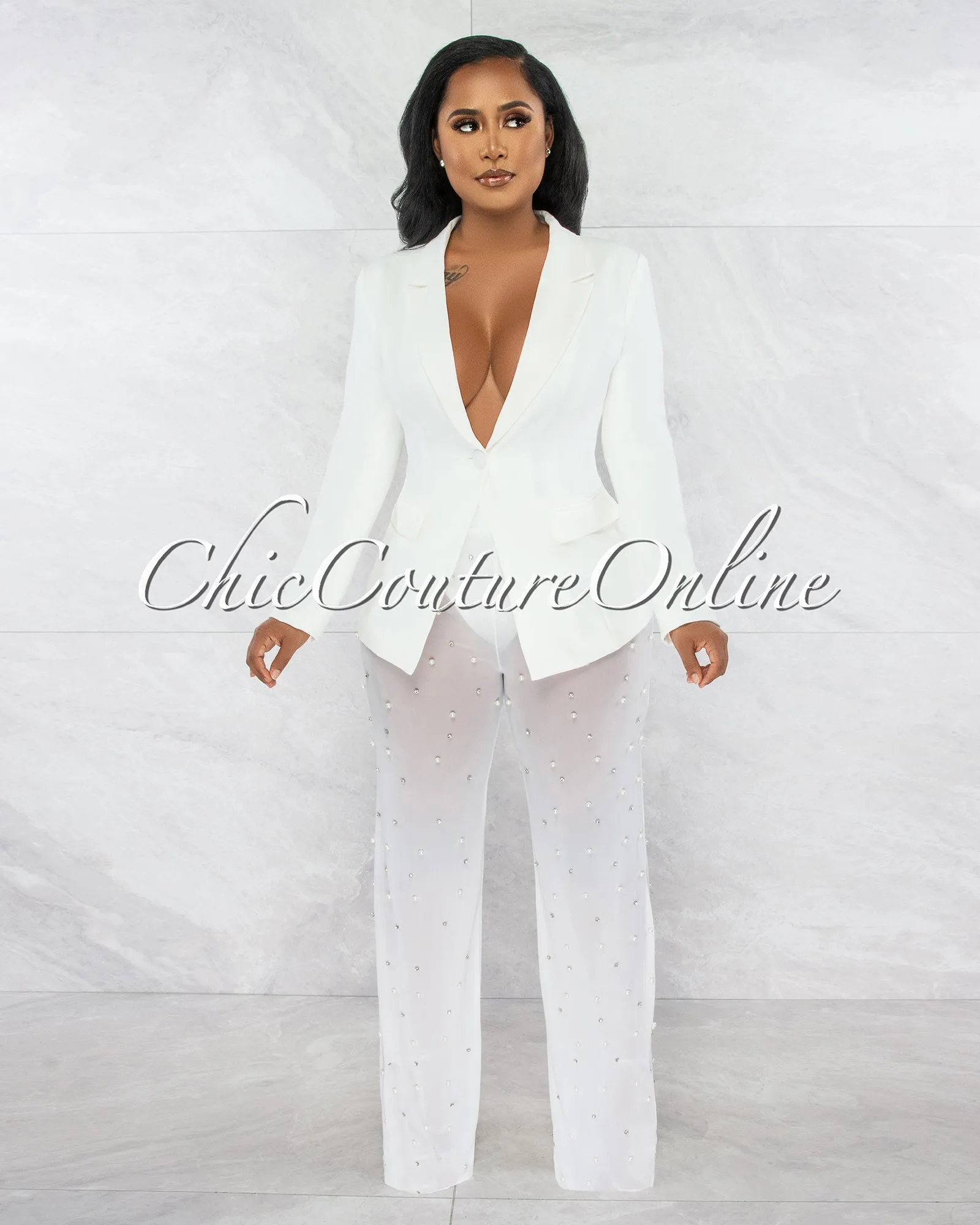*Alicia Off-White Blazer & Mesh Pearl Pants Set sold by Chic Couture product image thumbnail 2