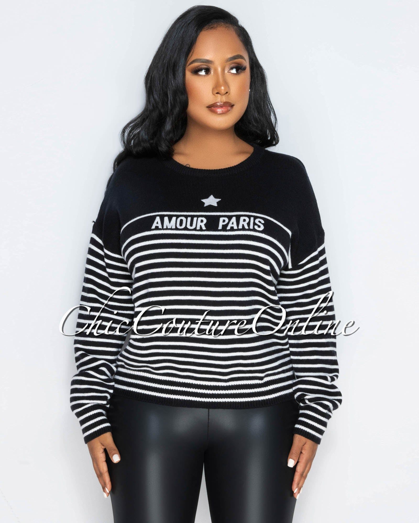 Amour Black White Stripes Knit Sweater sold by Chic Couture product image thumbnail 4