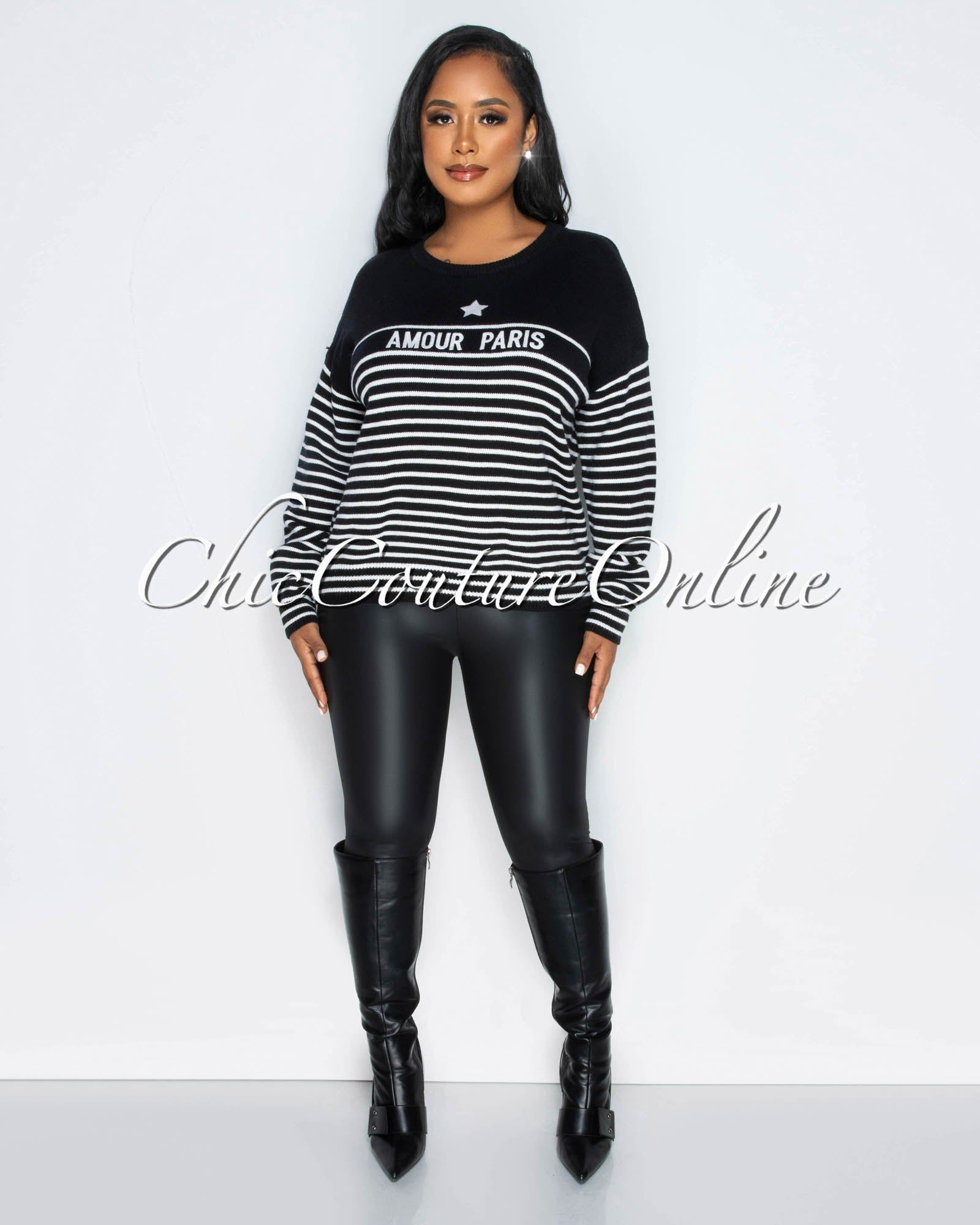 Amour Black White Stripes Knit Sweater sold by Chic Couture