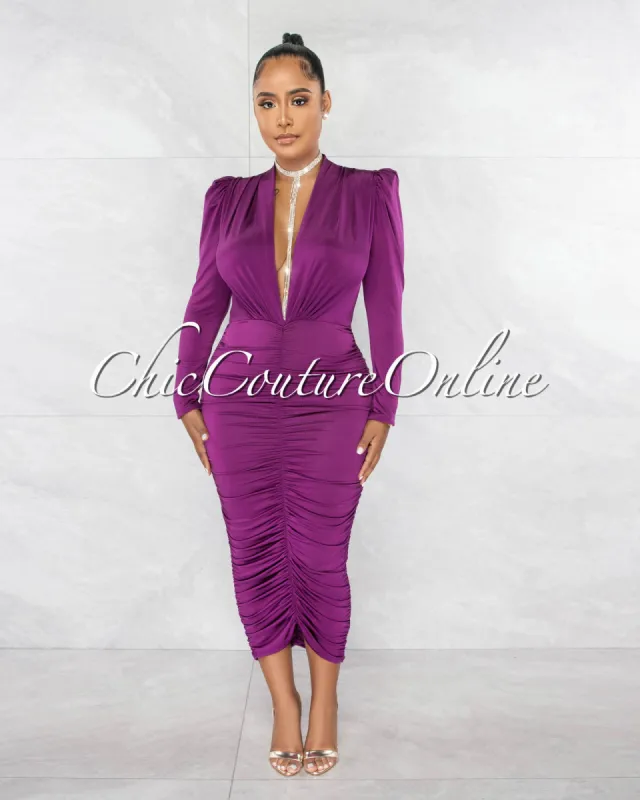 Yelena Purple Deep V-Neck Ruched Midi Dress sold by Chic Couture