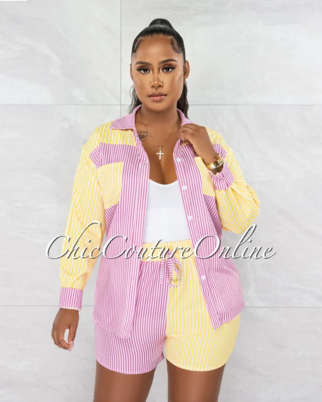 Baton Pink Yellow Stripes Shirt & Mini Shorts Set sold by chic