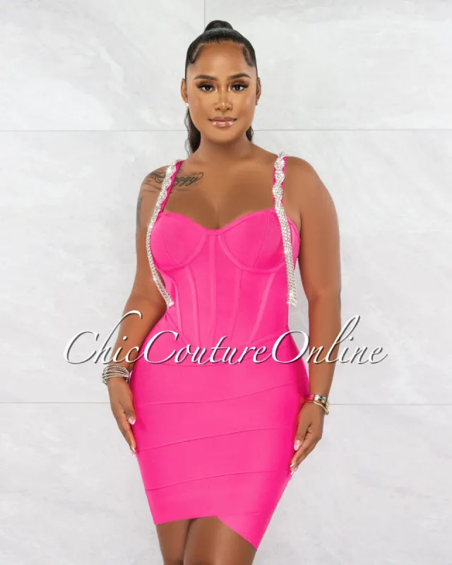 Teresa Hot Pink Rhinestones Fringe Décor Bandage Dress sold by chic