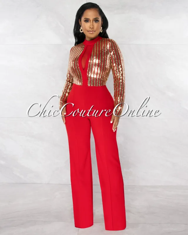 *Brentley Red Gold Sequins Stripes Top Mesh Accent Jumpsuit sold by Chic Couture