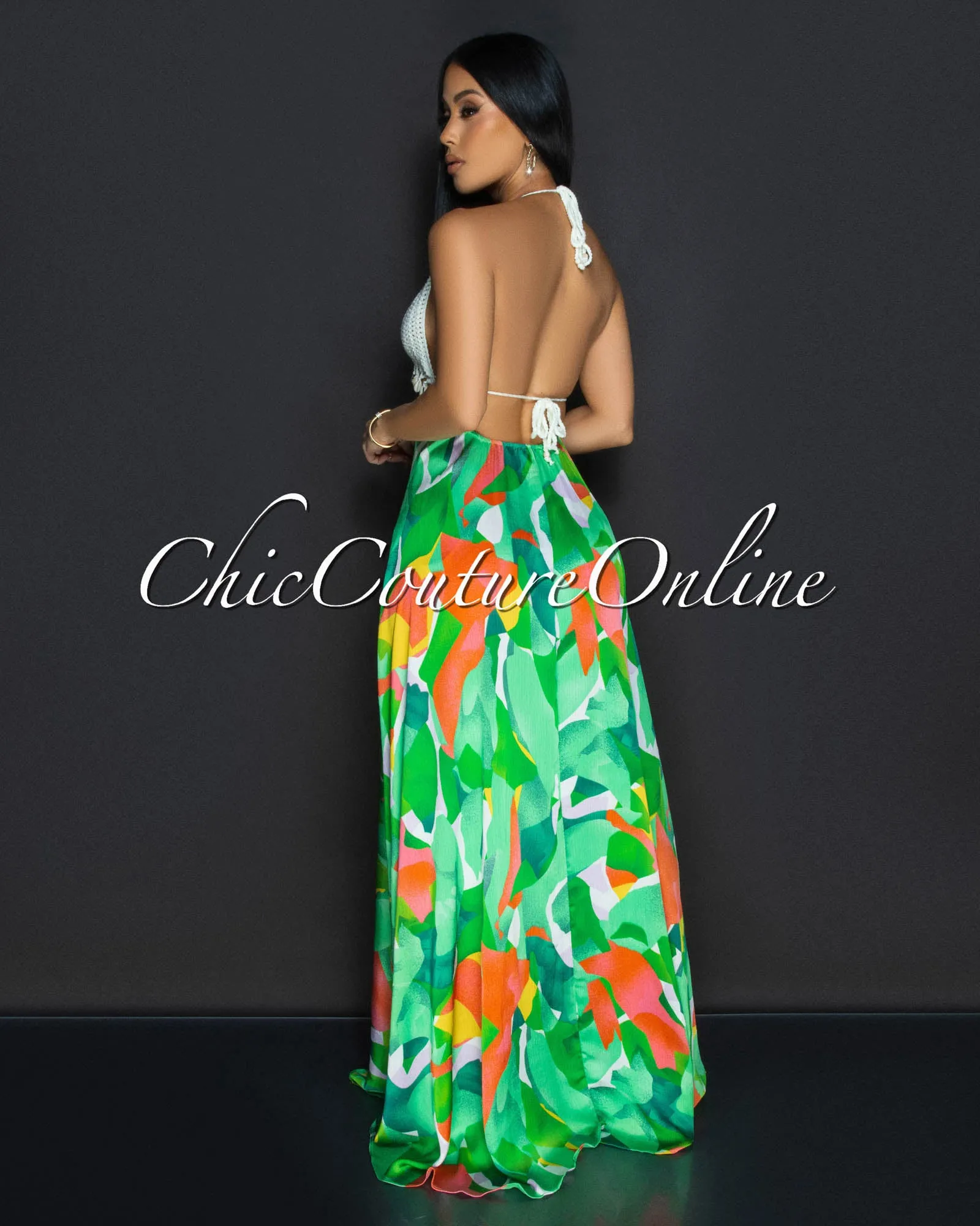 Moa Green Orange Halter Crochet Flared Maxi Dress sold by Chic Couture product image thumbnail 3