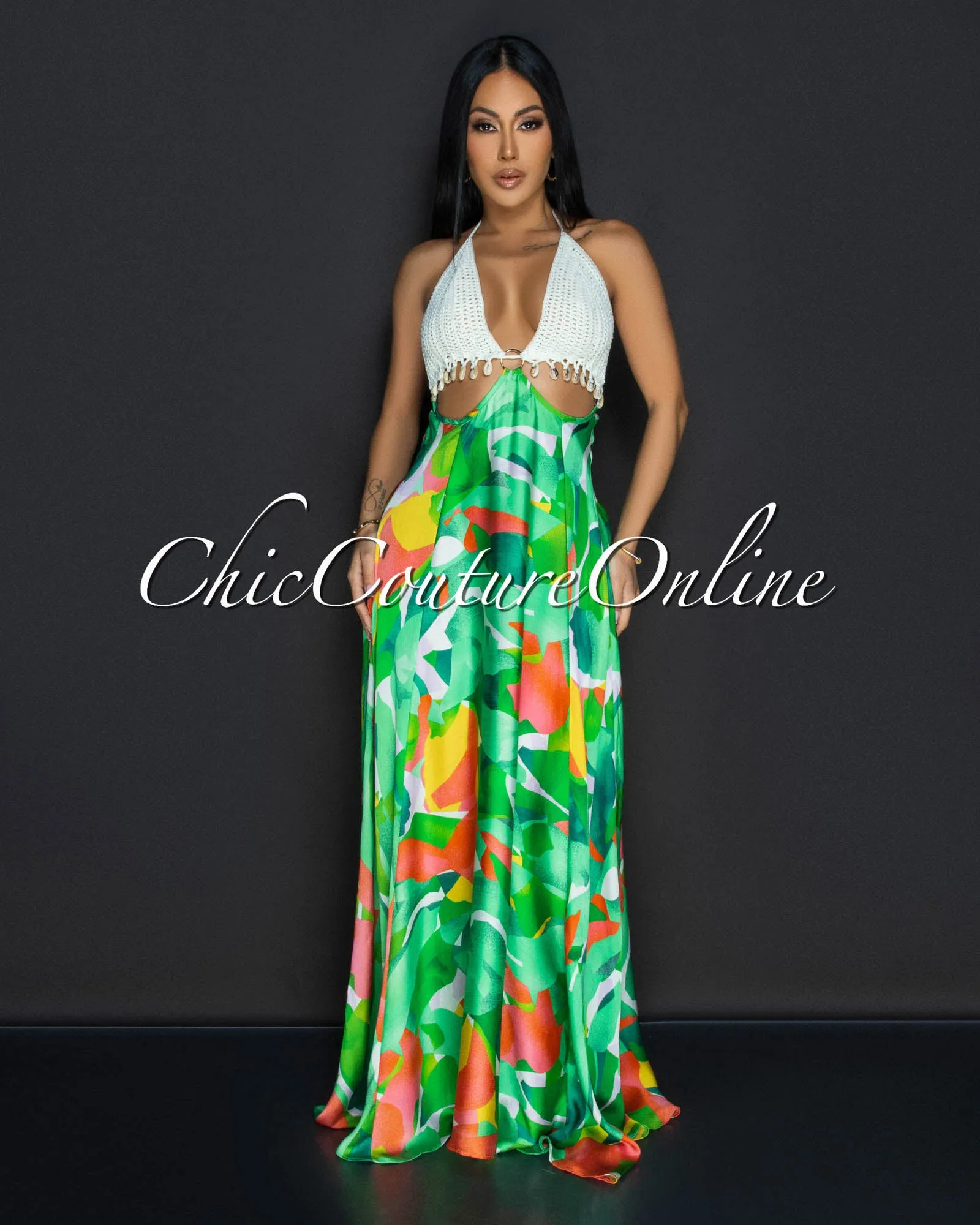 Moa Green Orange Halter Crochet Flared Maxi Dress sold by Chic Couture
