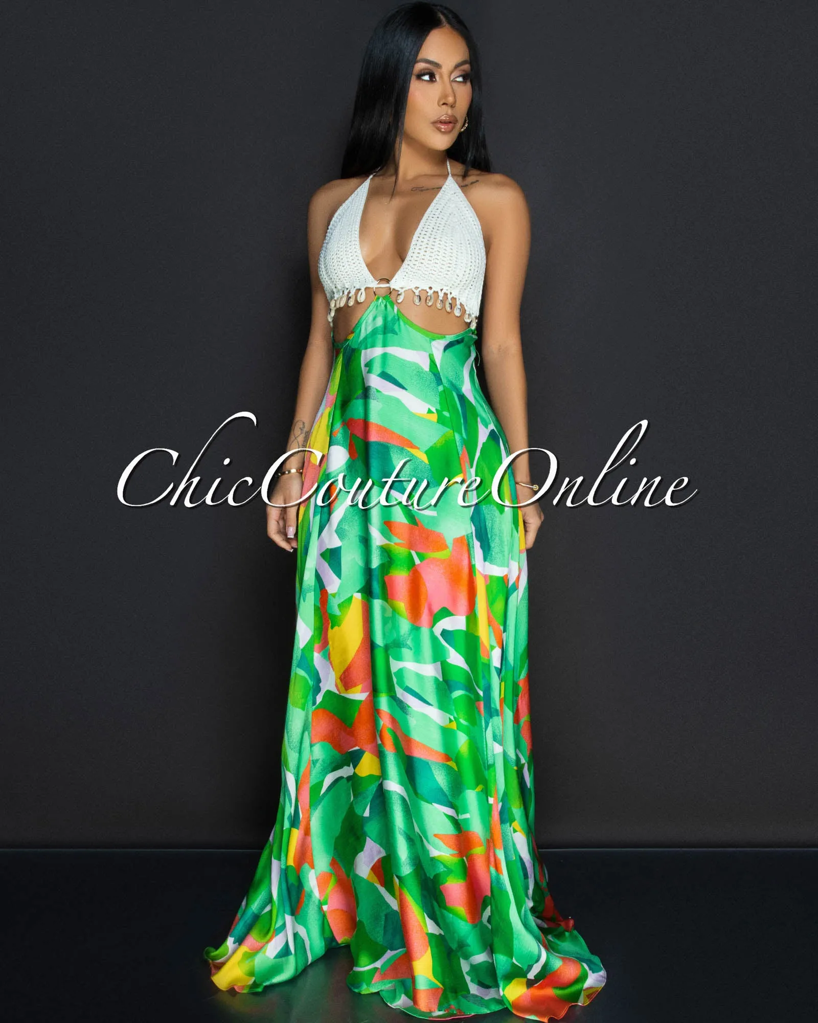 Moa Green Orange Halter Crochet Flared Maxi Dress sold by Chic Couture product image thumbnail 2
