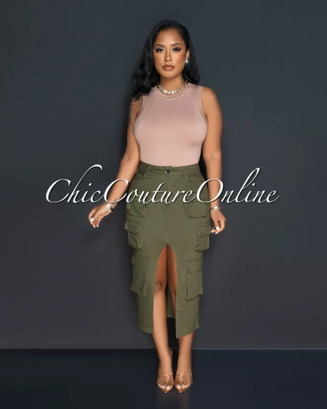 Carine Olive Green Front Slit Maxi Cargo Skirt sold by Chic Couture