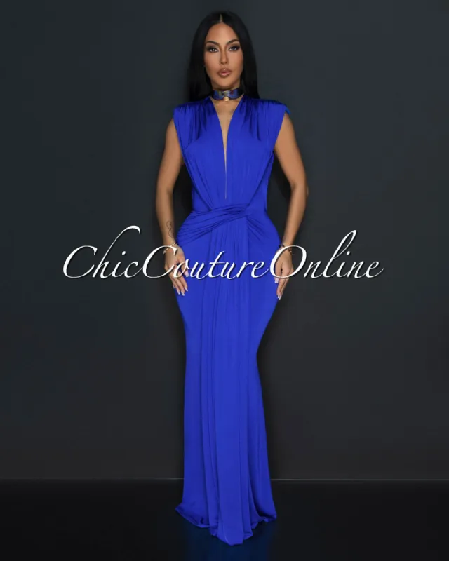 Alea Royal Blue Sleeveless Deep V Neck Maxi Dress sold by Chic Couture