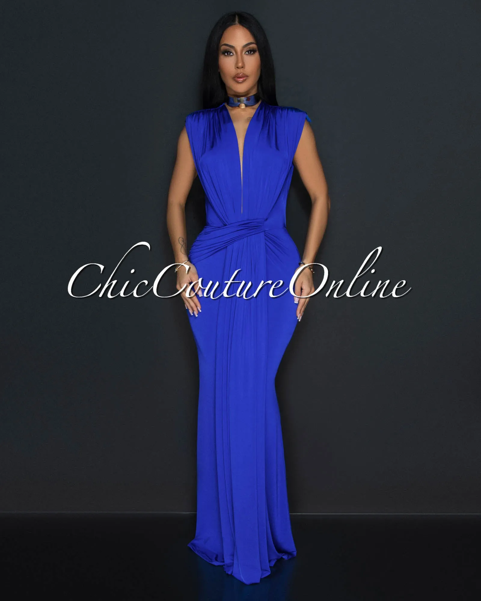 Alea Royal Blue Sleeveless Deep V Neck Maxi Dress sold by Chic Couture