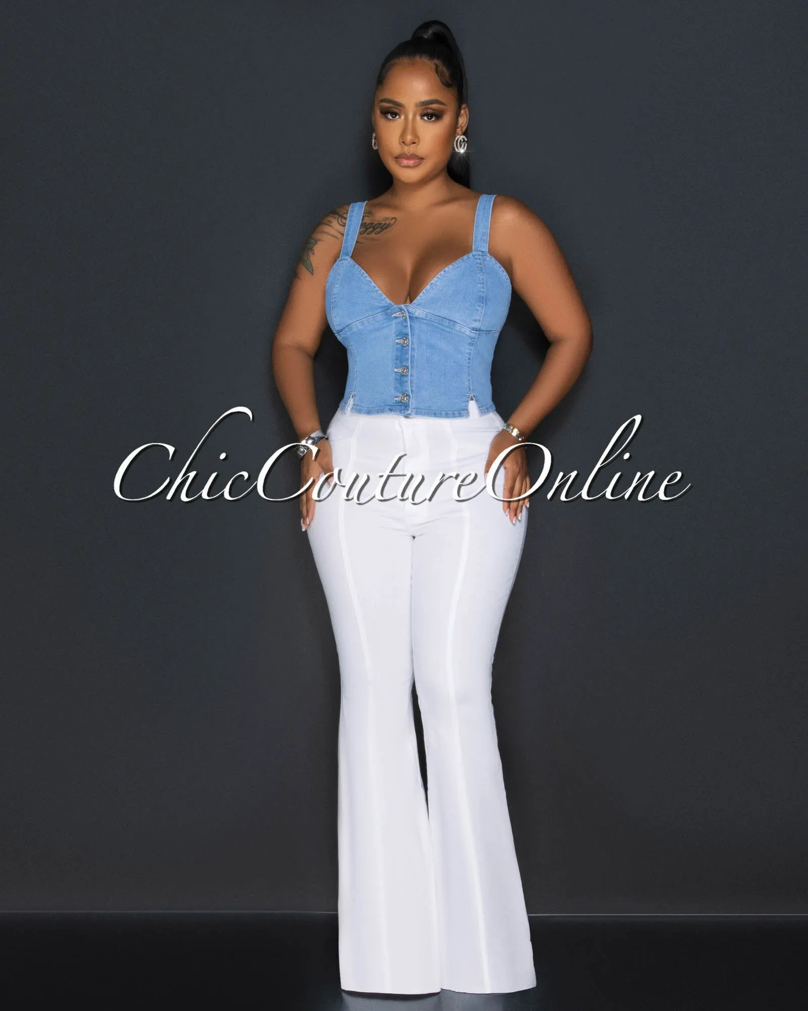 Alona Light Denim Buttons Crop Bustier sold by Chic Couture product image thumbnail 2