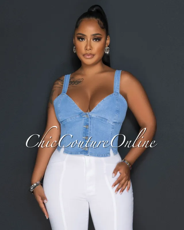 Alona Light Denim Buttons Crop Bustier sold by Chic Couture
