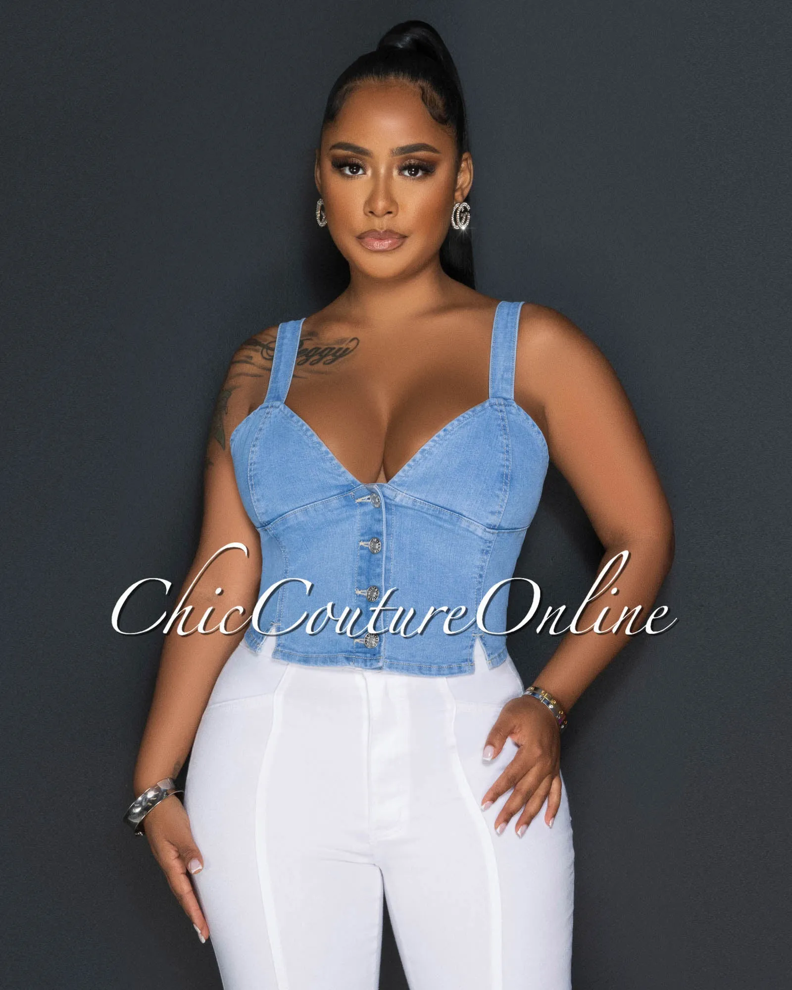 Alona Light Denim Buttons Crop Bustier sold by Chic Couture