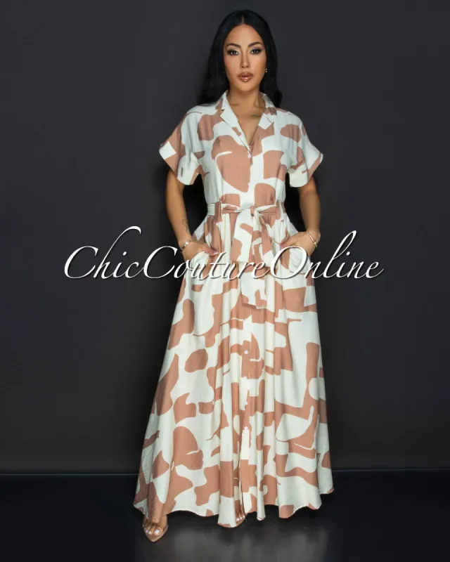 Fia Beige Nude Print Collared Maxi Dress sold by Chic Couture