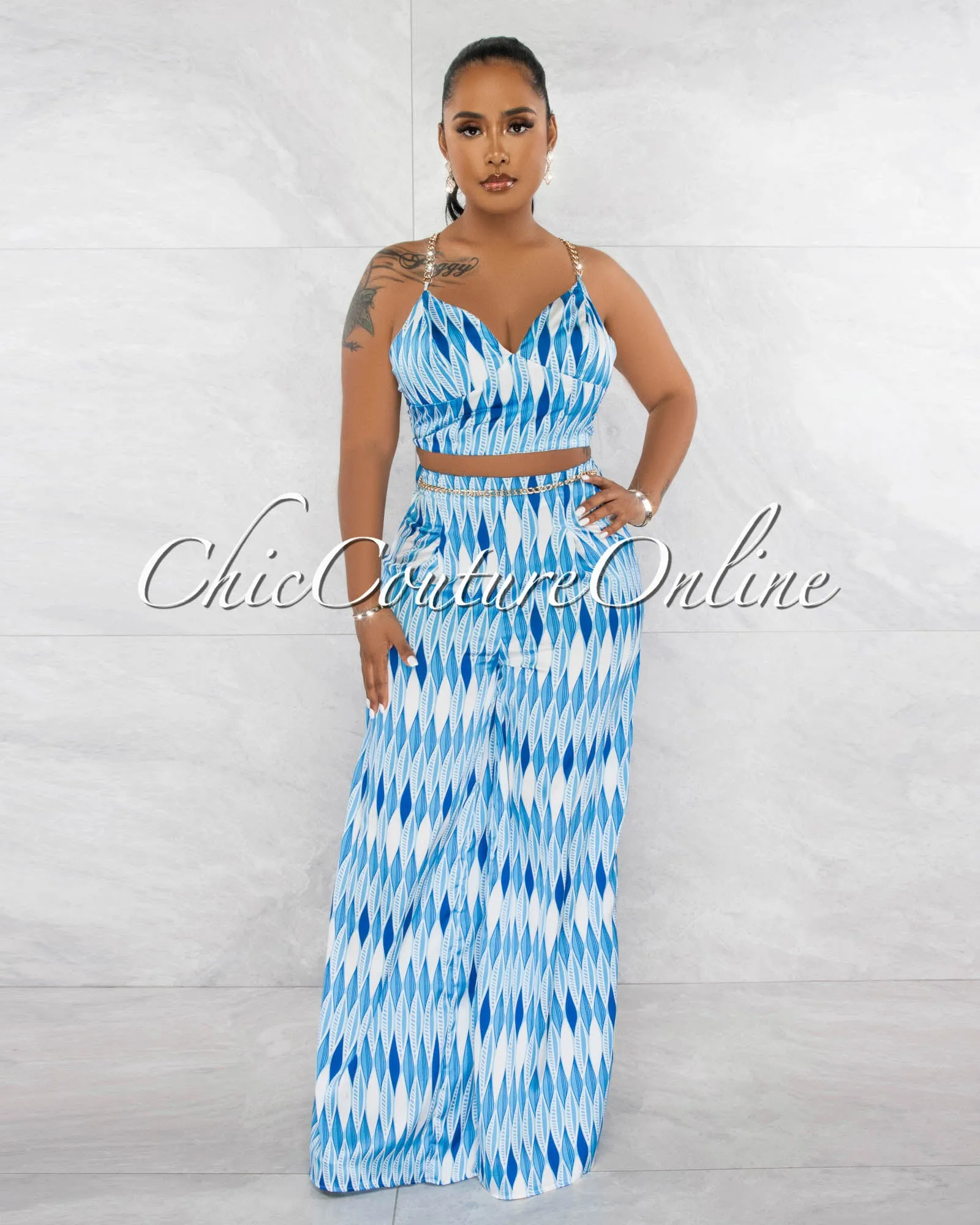 *Lodema Blue White Print Crop Top & Pants Silky Gold Link Set sold by Chic Couture